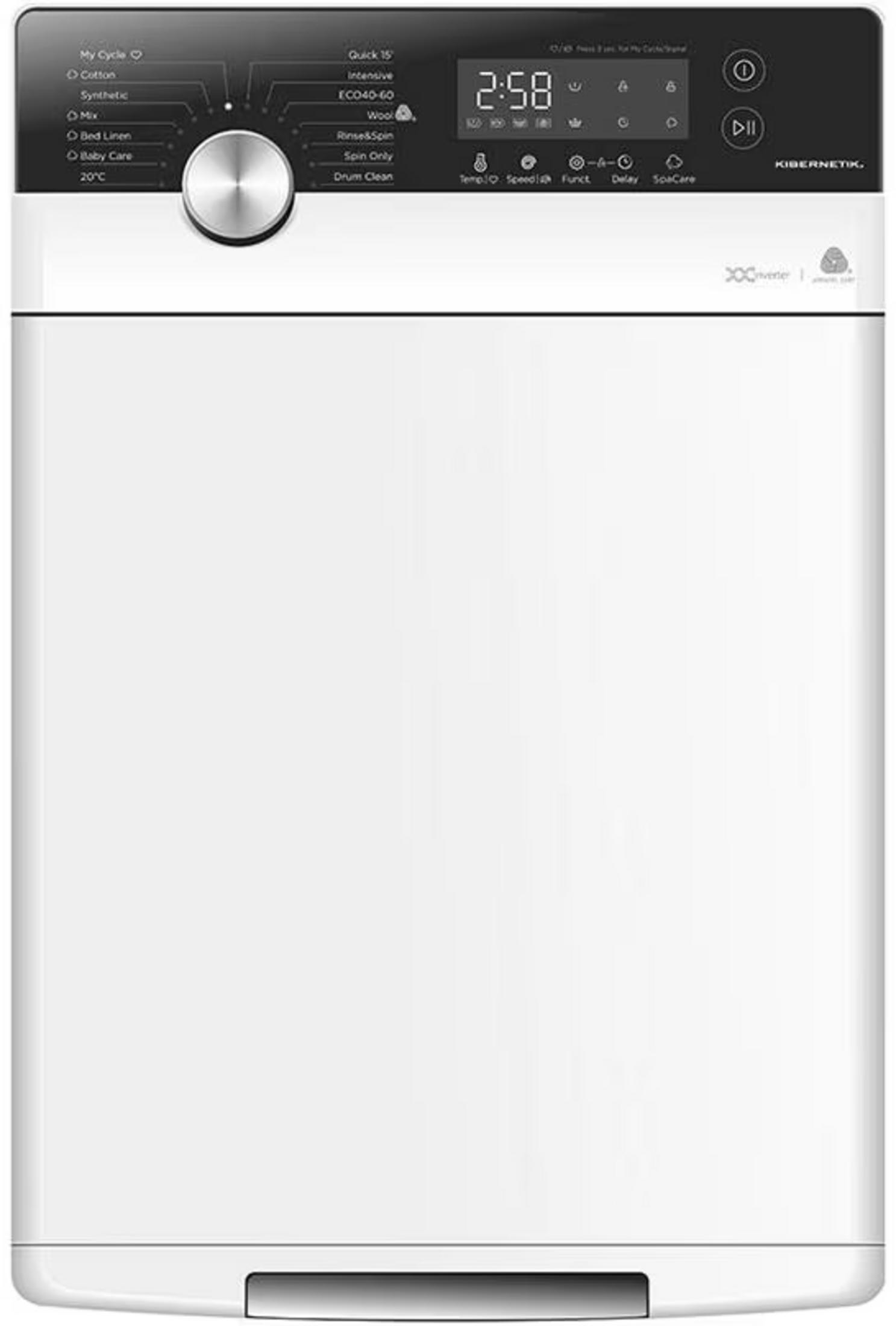 Eine weiße Waschmaschine mit schwarzer Bedienblende oben, einem runden Drehregler und einem digitalen Display.