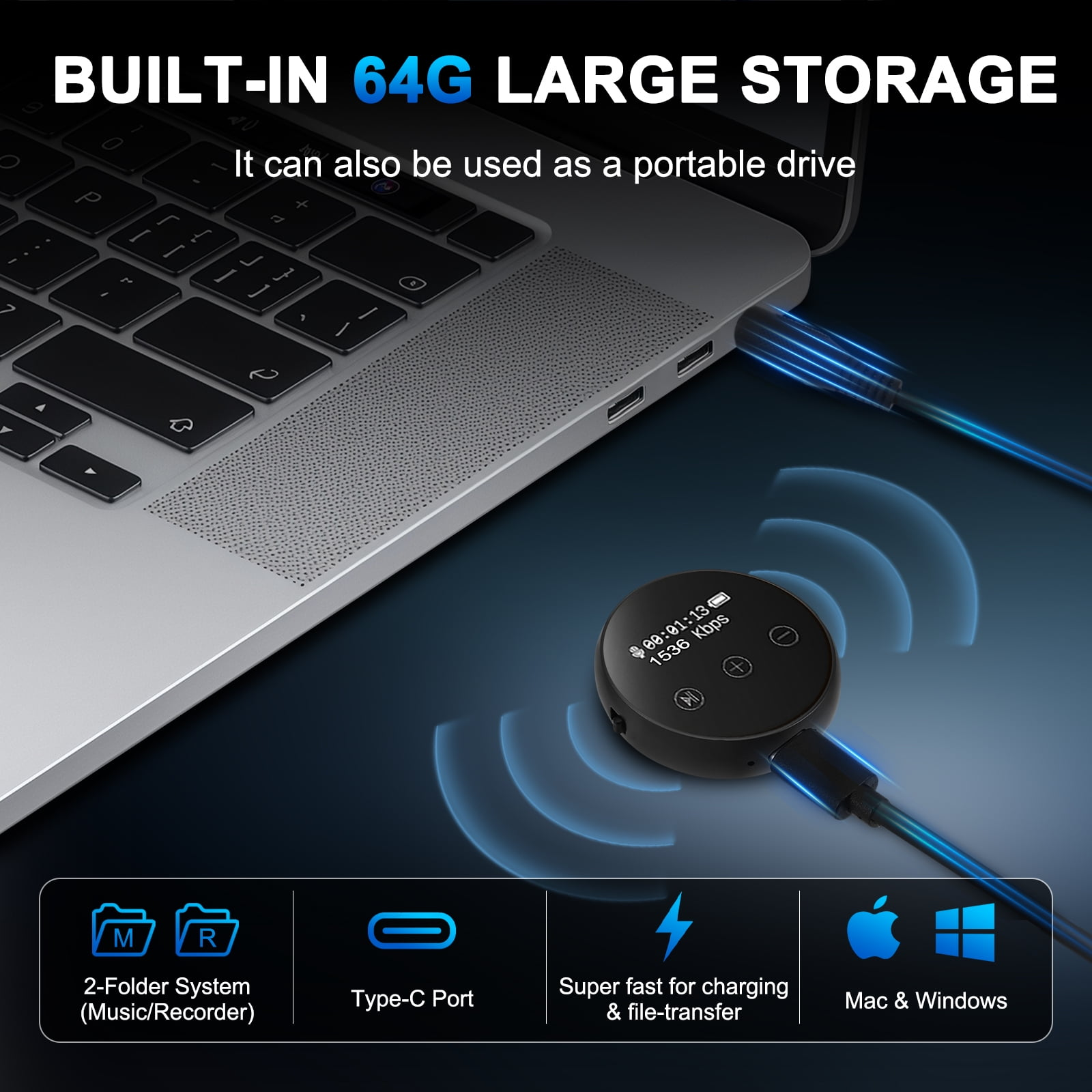 Ein tragbares Rekordergerät mit 64GB Speicher, verbunden mit einem Laptop und einem blauen Ladekabel.
