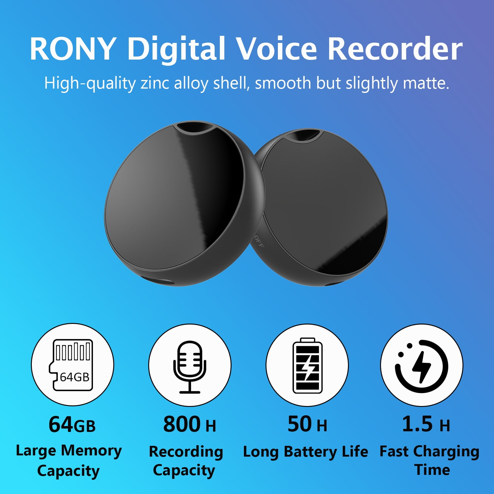 RONY Digitaler Sprachrekorder mit Zinklegierung, 64 GB Speicher, 800 Stunden Aufnahme, 50 Stunden Akku.