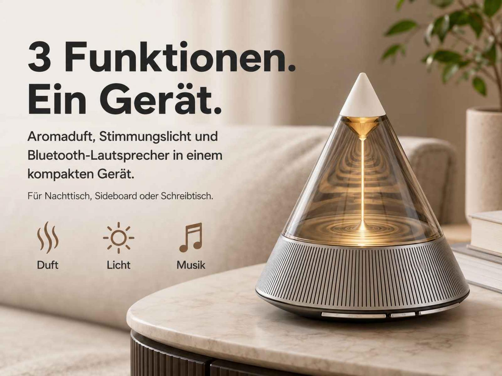 Ein pyramidenförmiges 3-in-1-Gerät mit Aromadiffusor, Stimmungslicht und Lautsprecher auf einem Tisch.
