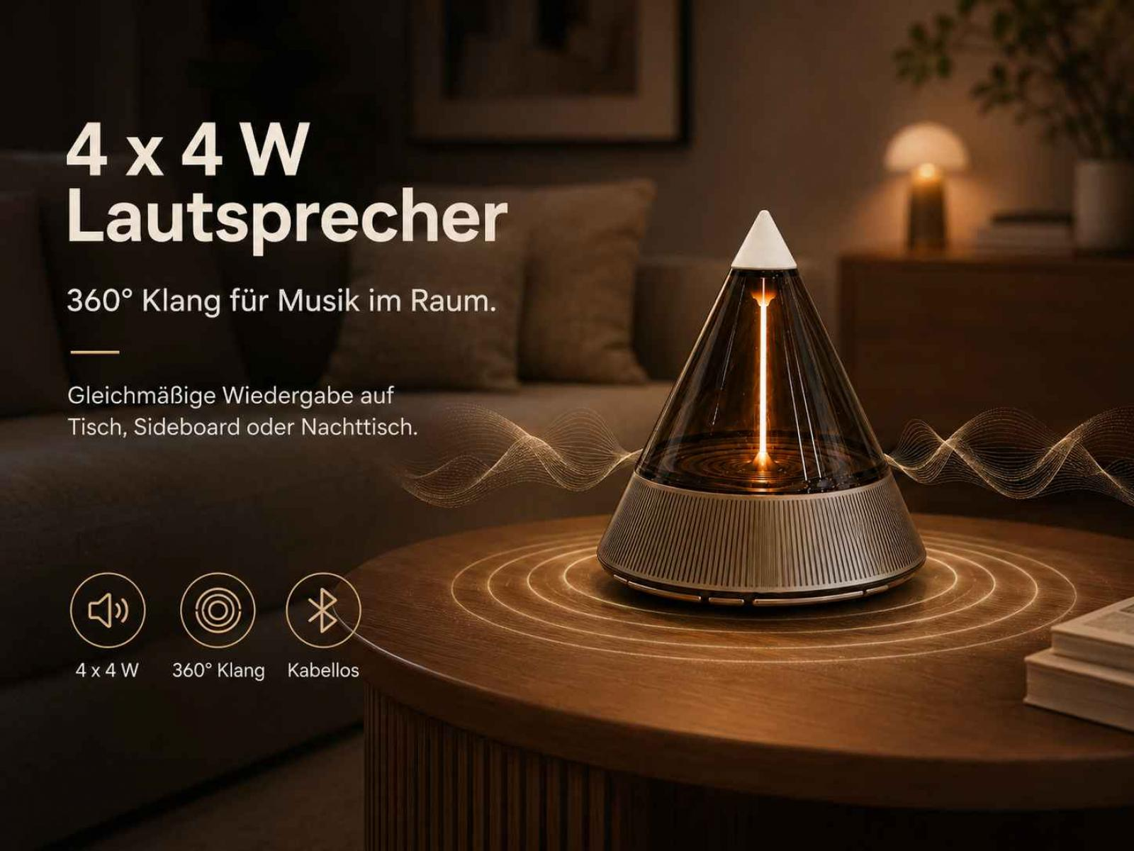 Kegelförmiger, transparenter Bluetooth-Lautsprecher auf Holz-Couchtisch in gemütlichem Wohnzimmer.
