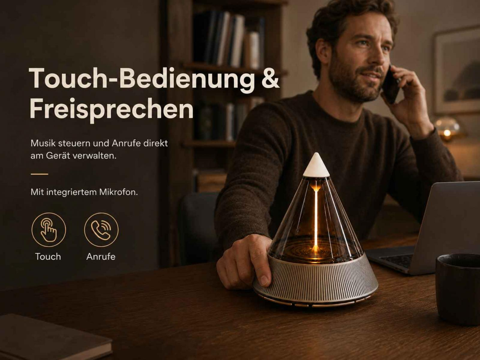 Ein Mann sitzt an einem Holztisch mit einem Laptop, während eine kegelförmige Lampe mit Touch-Bedienung auf dem Tisch steht.