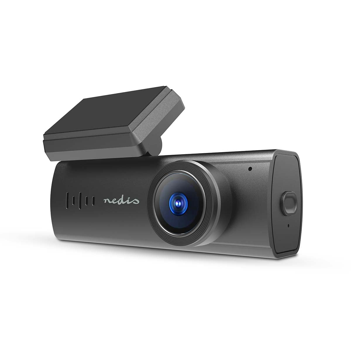 Eine schwarze Nedis Dashcam mit integrierter Halterung und runder Linse vor weißem Hintergrund.