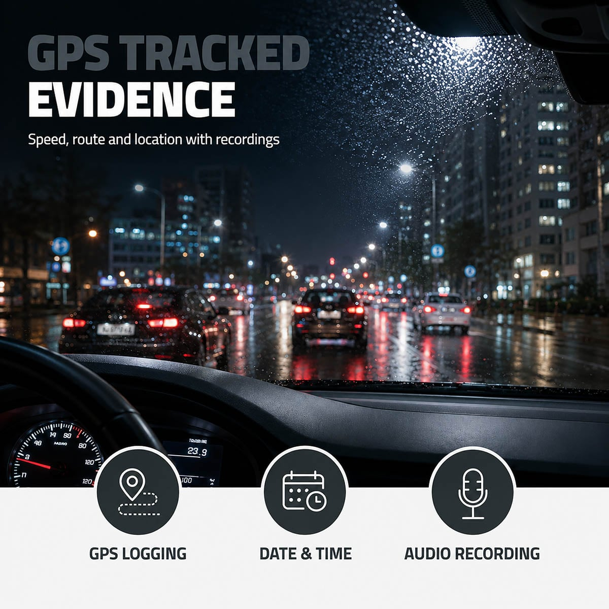 Nachtliche Fahrt durch regnerische Stadt mit Tacho und Symbolen für GPS, Datum und Audio.