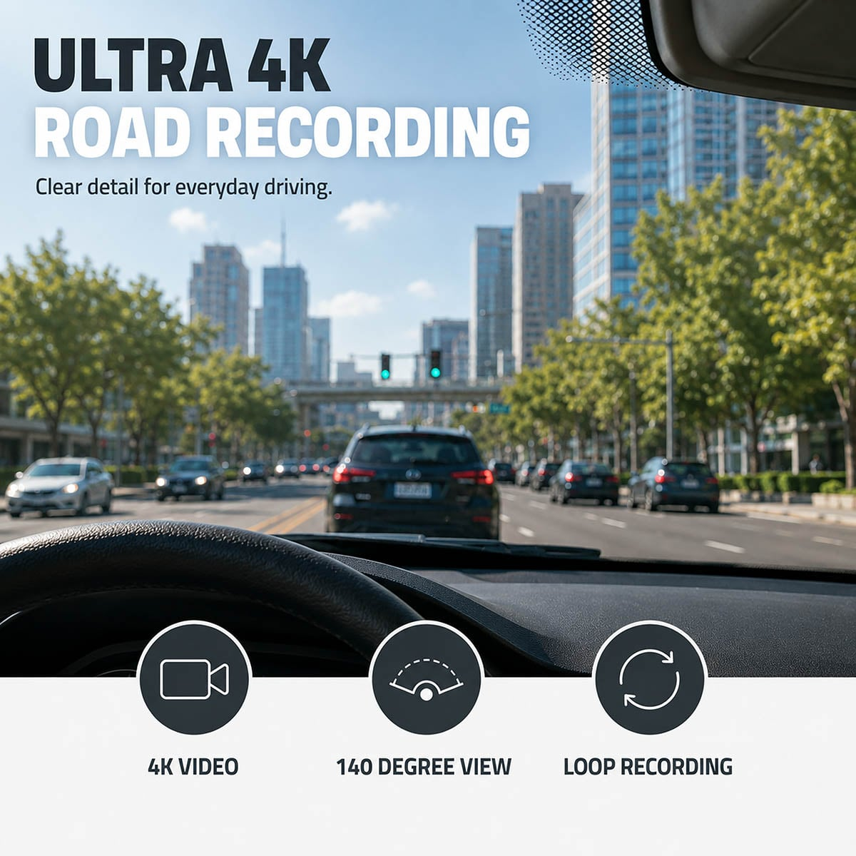 Armaturenbrettansicht einer Stadtstraße mit Autos und Text über 4K-Straßenaufnahmefunktionen.
