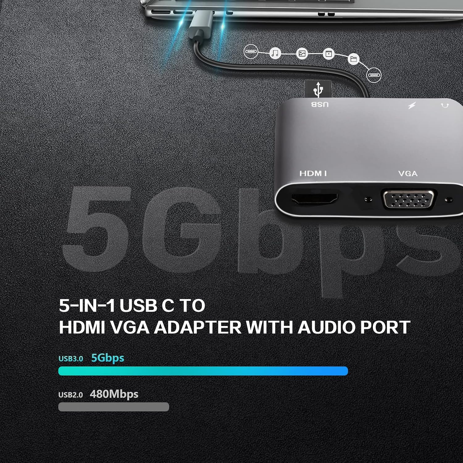 Grauer 5-in-1 USB-C zu HDMI VGA Adapter mit Audioport, verbunden mit einem Laptop.