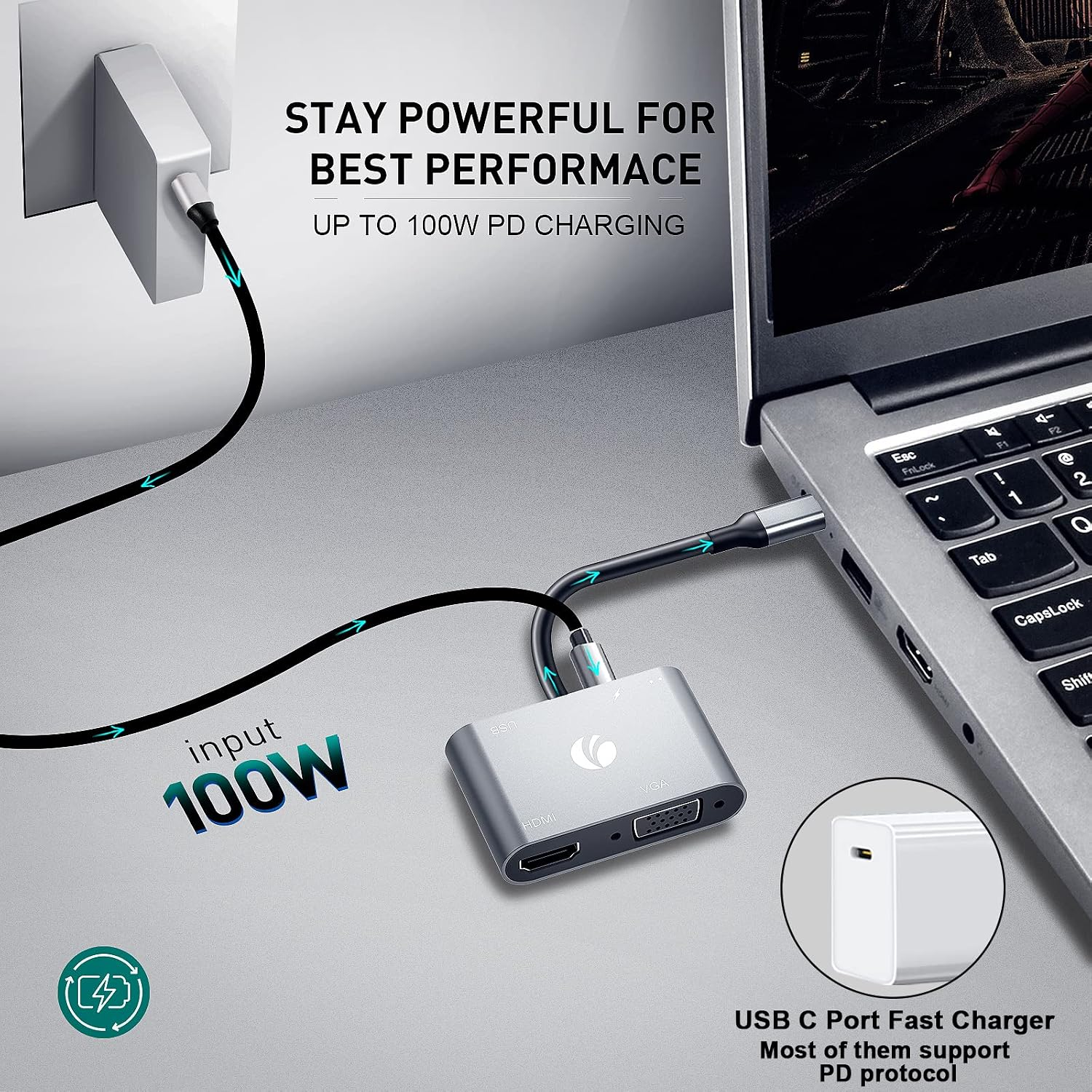 Ein USB-C-Hub ist mit einem Laptop und einem Netzteil verbunden und zeigt 100W PD-Ladeunterstützung.