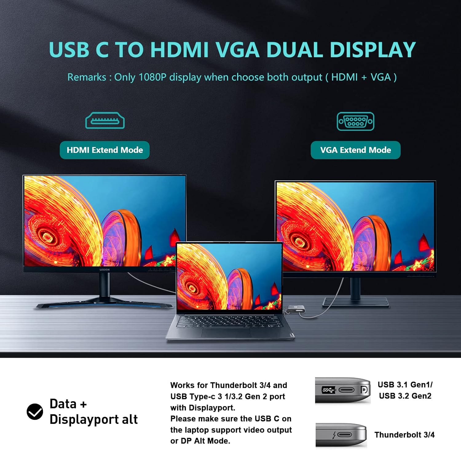 Ein Laptop ist mit zwei Monitoren verbunden, um ein Dual-Display per HDMI und VGA zu zeigen.