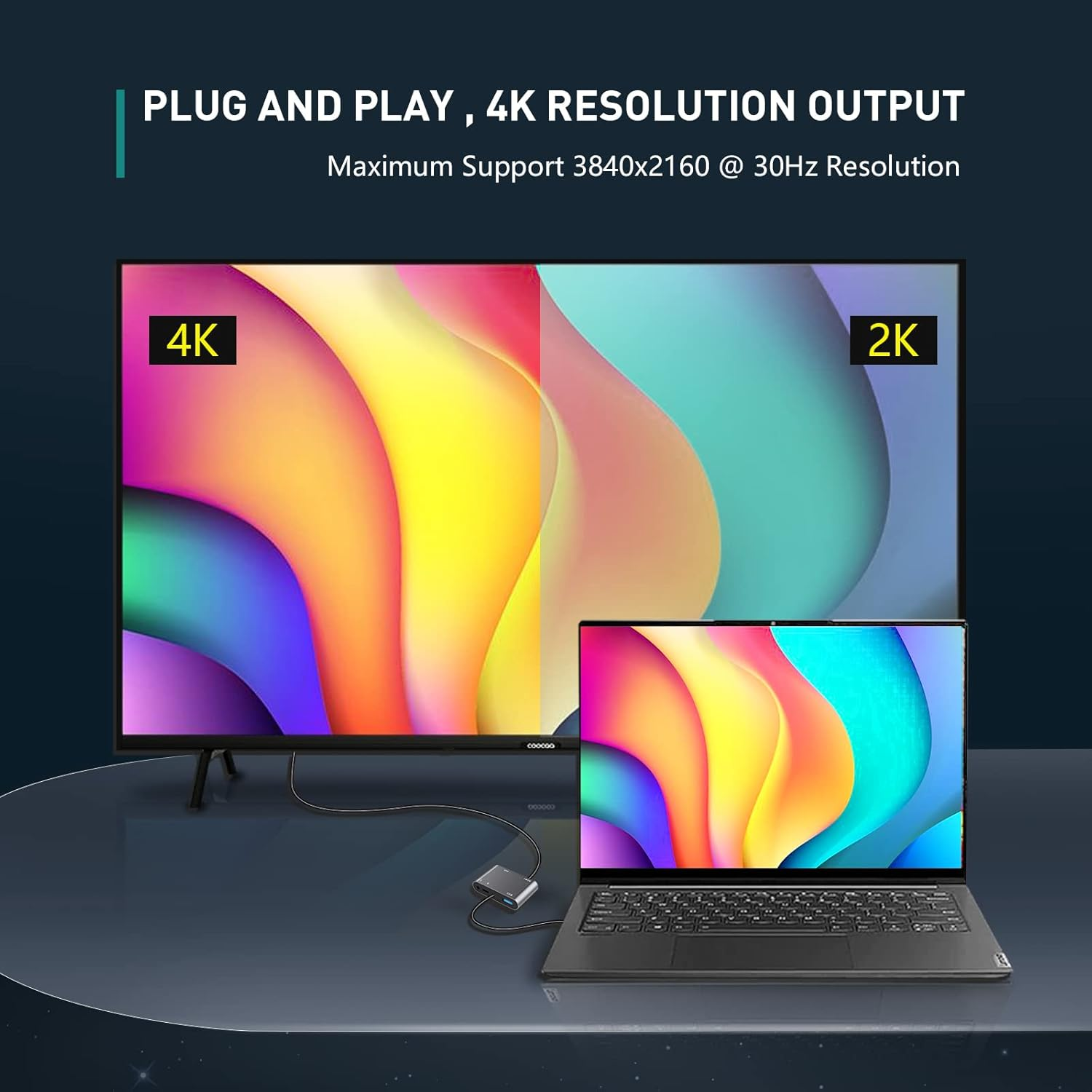 Ein Laptop ist mit einem großen Monitor verbunden und zeigt lebendige Farbwellen sowie 4K-Auflösung.