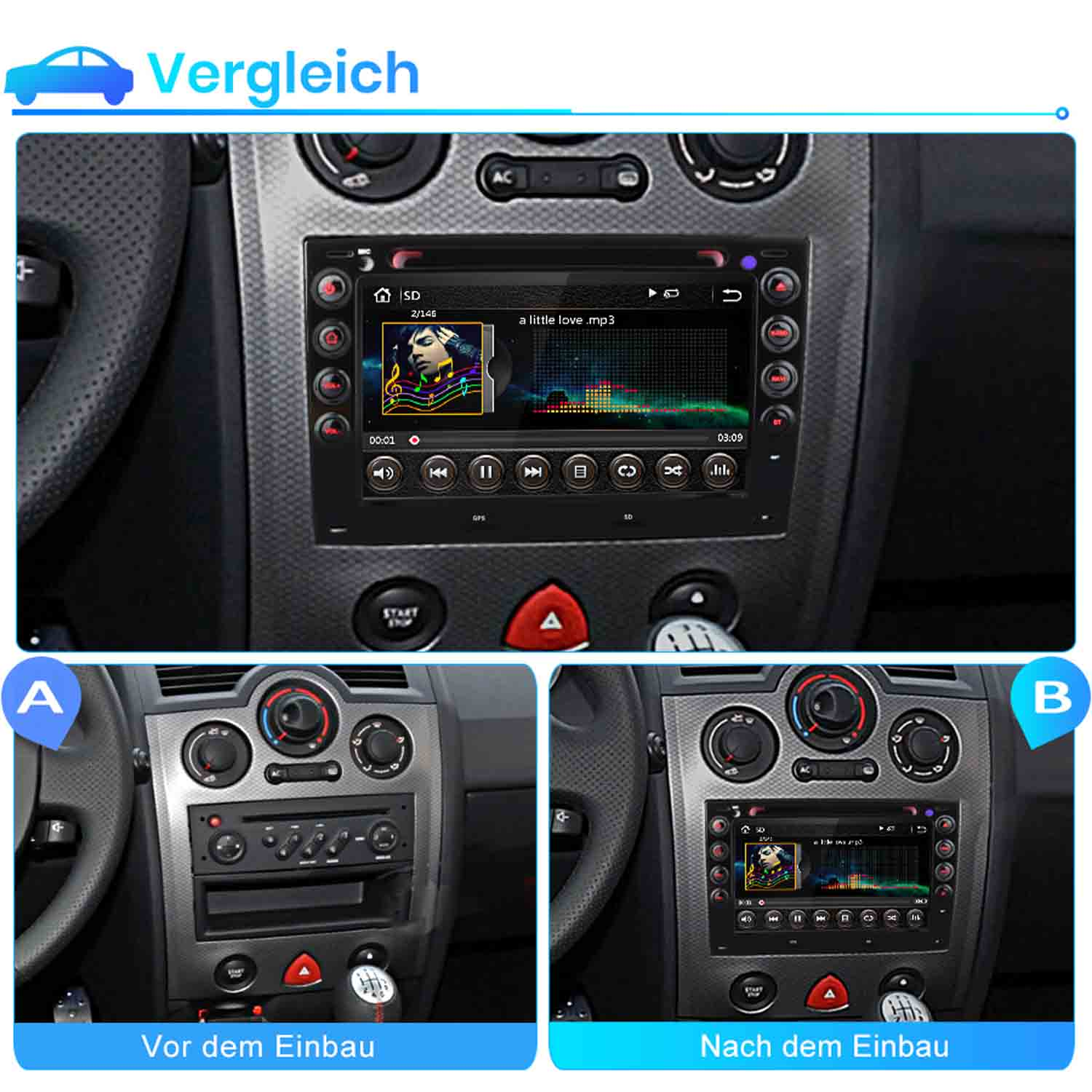 Vergleich eines Auto-Armaturenbretts vor (A) und nach (B) dem Einbau eines modernen Multimediasystems.