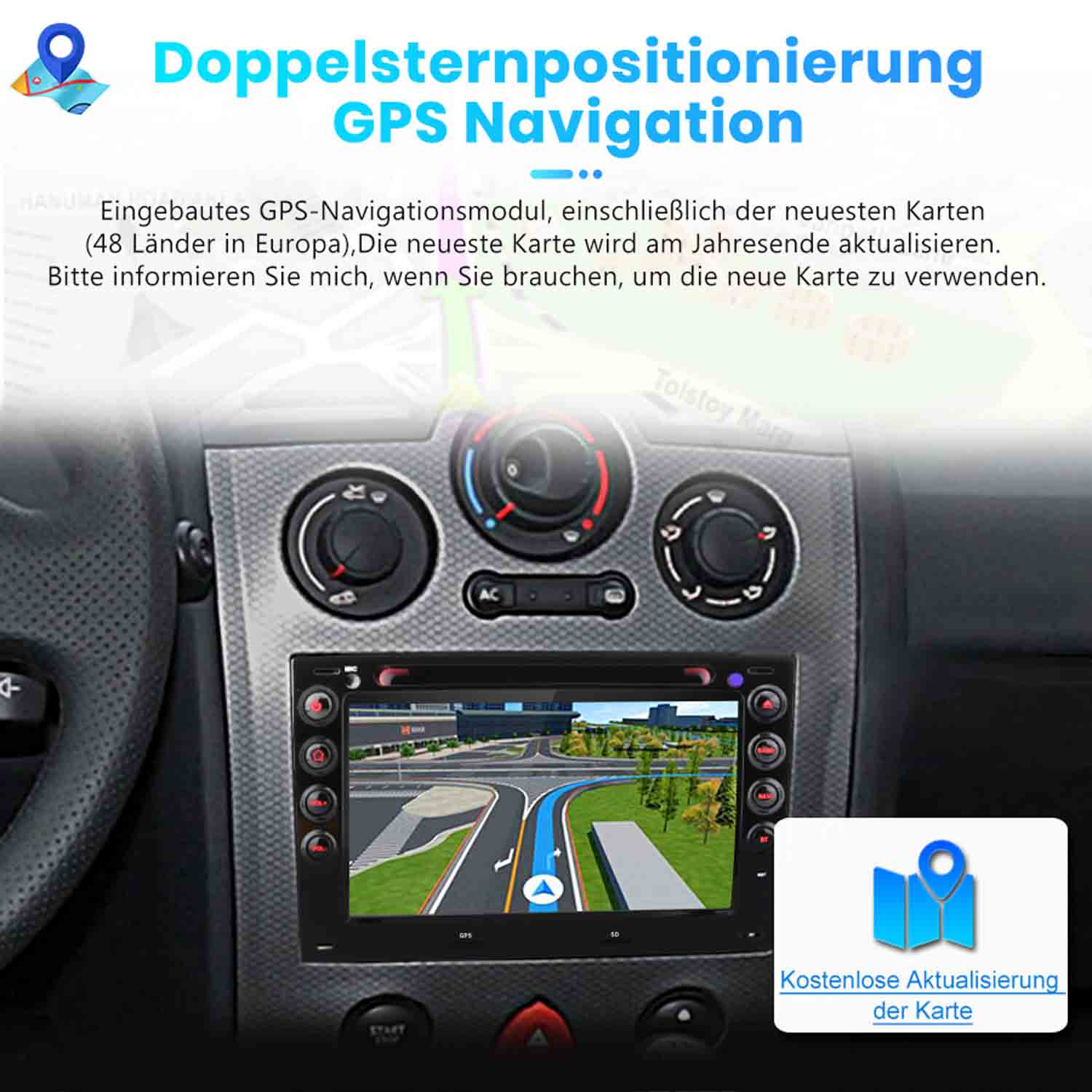 Autoinnenraum mit GPS-Navigationsbildschirm auf dem Amaturenbrett.
