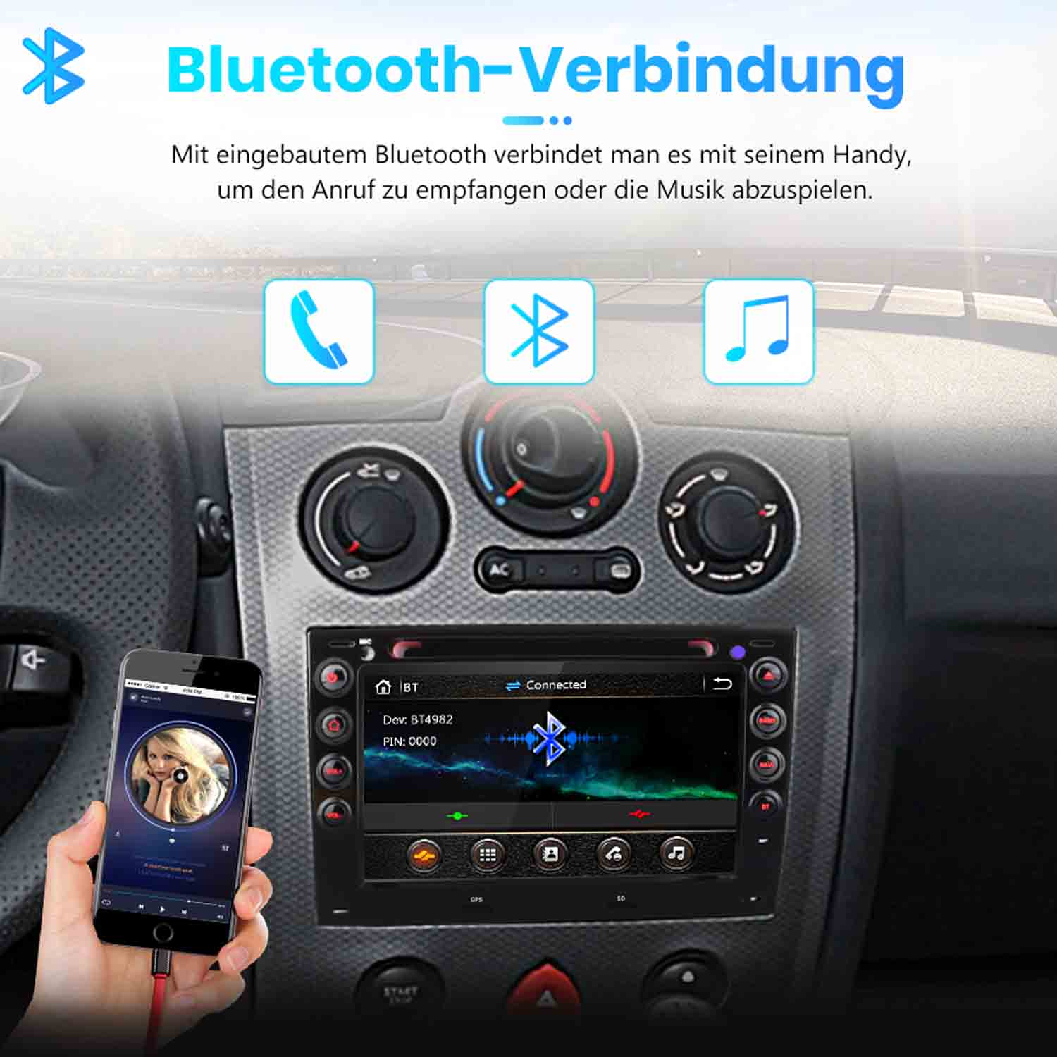 Ein Smartphone verbindet sich über Bluetooth mit dem Autoradio zur Musik- und Anrufsteuerung.