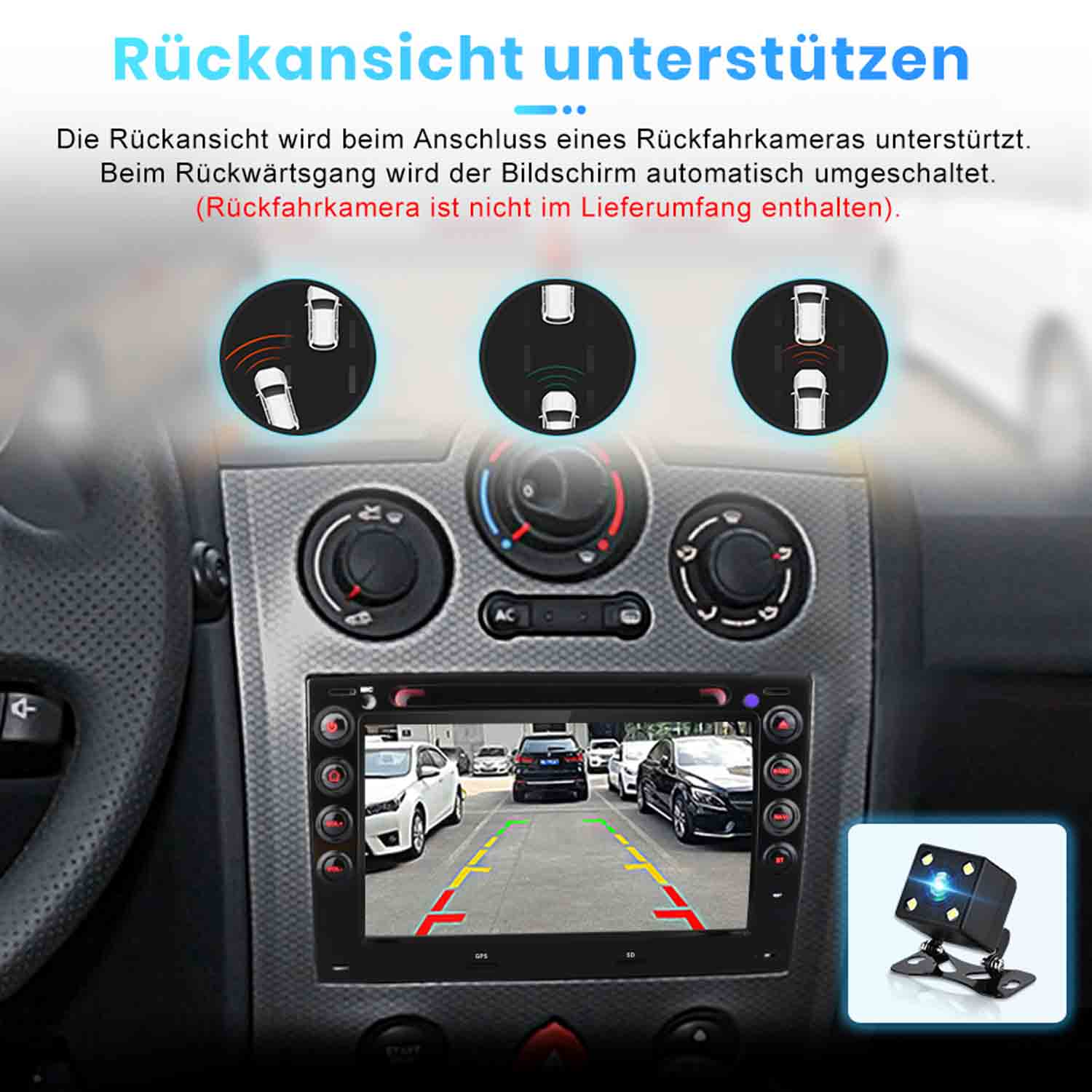 Armaturenbrett mit Touchscreen-Display zeigt Rückfahrkamera-Ansicht und Parkhilfen.