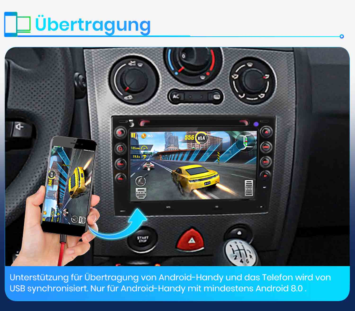 Smartphone synchronisiert per USB mit dem Autodisplay, auf dem ein Rennspiel läuft.
