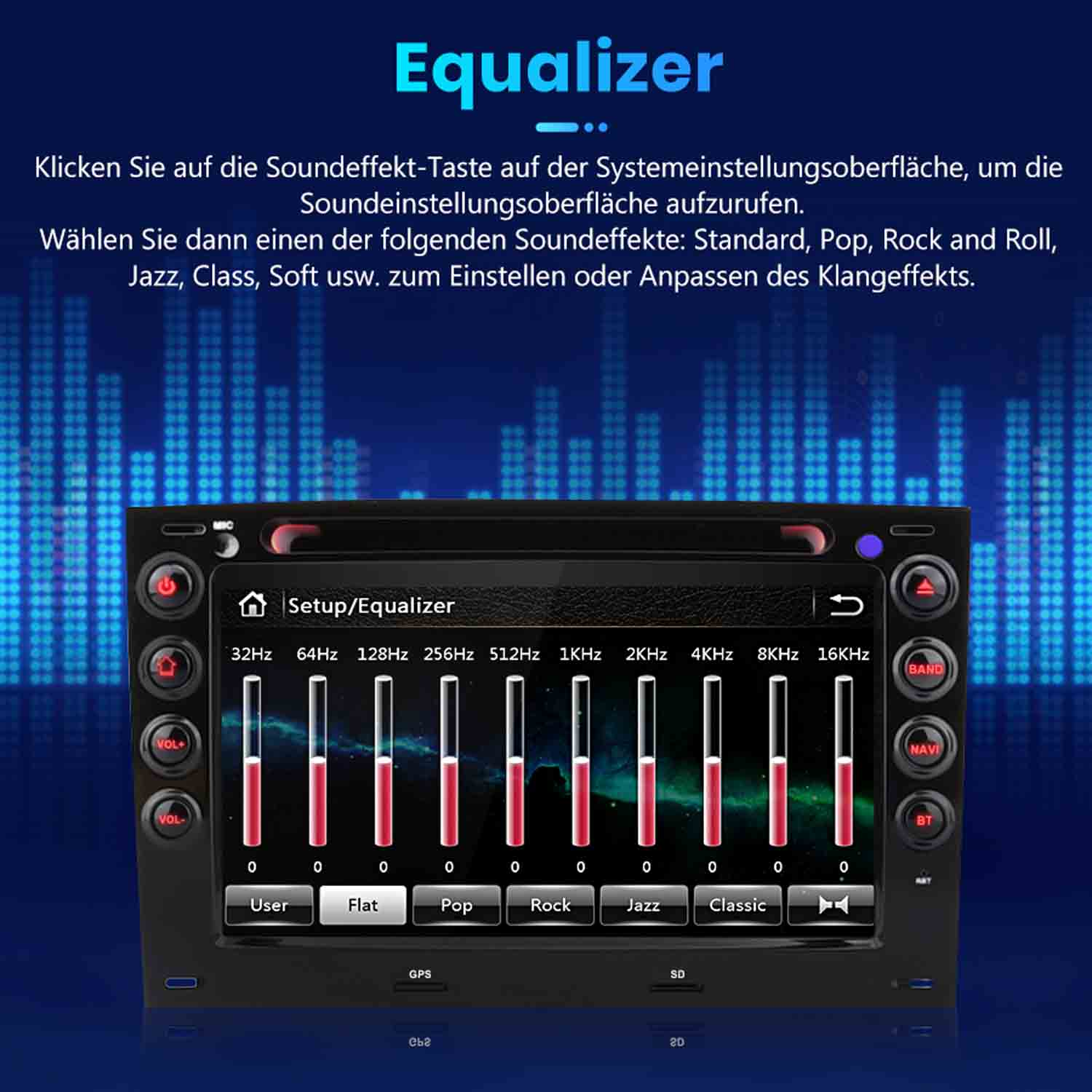 Auto-Radio-Display mit Equalizer-Einstellungen und Frequenzreglern auf blauem Hintergrund.