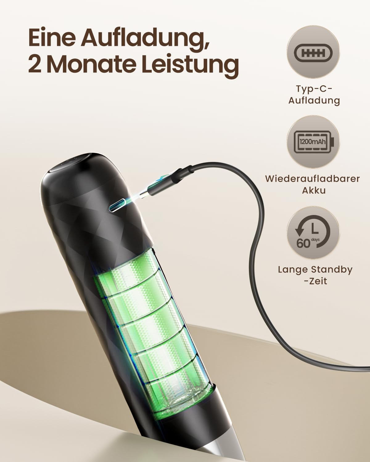 Ein schwarzes Gerät wird mit einem Typ-C-Kabel aufgeladen und zeigt eine grüne Batterieanzeige.