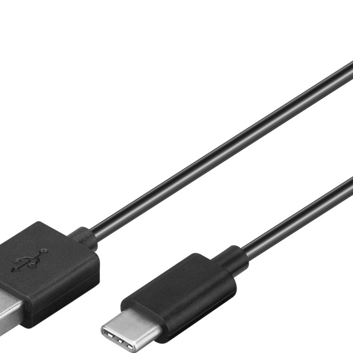 Ein schwarzes USB-Kabel mit einem Standard-USB-Anschluss links und einem USB-C-Anschluss rechts auf weißem Hintergrund.