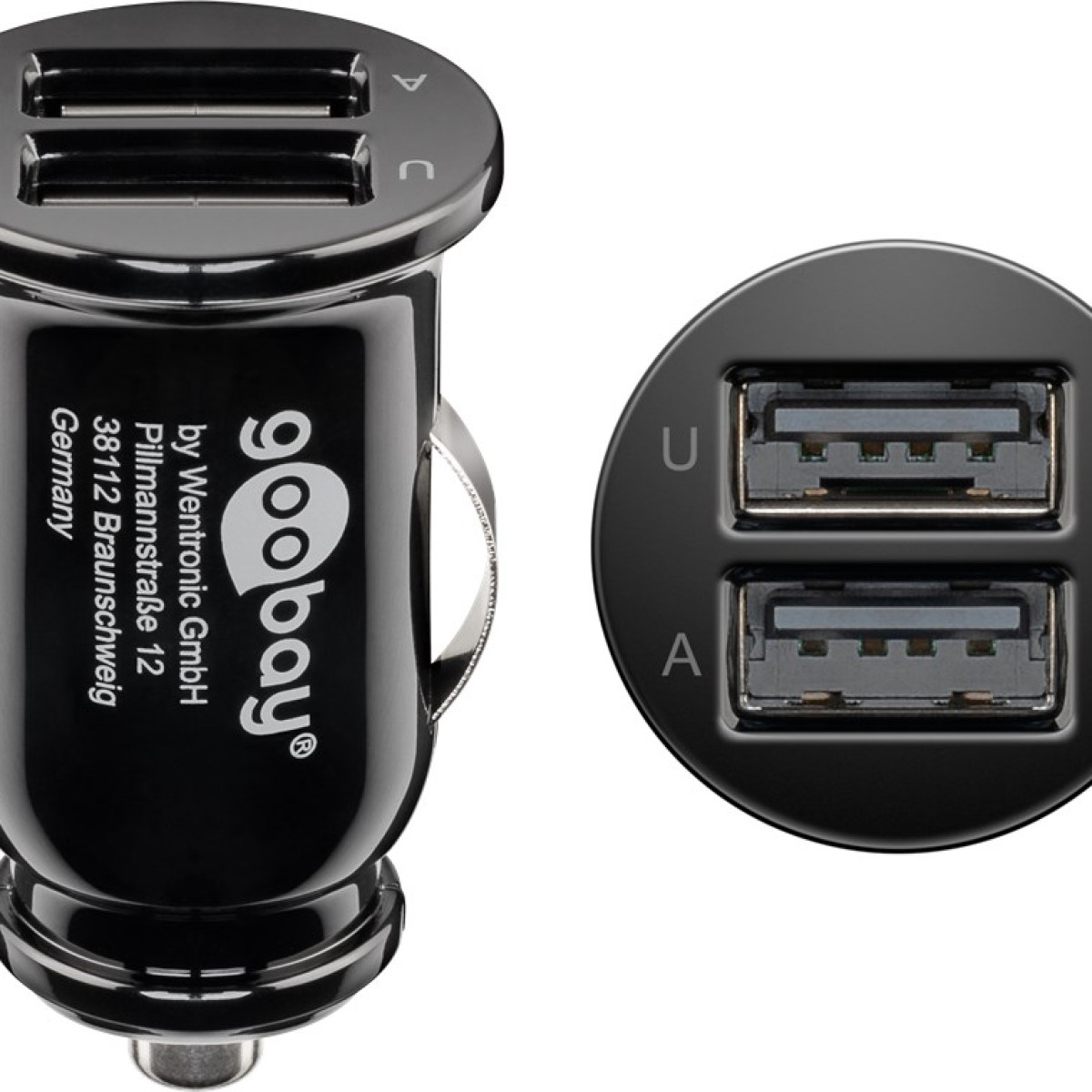Schwarzes Goobay USB-KFZ-Ladegerät mit zwei USB-Anschlüssen, von der Seite und von oben gezeigt.