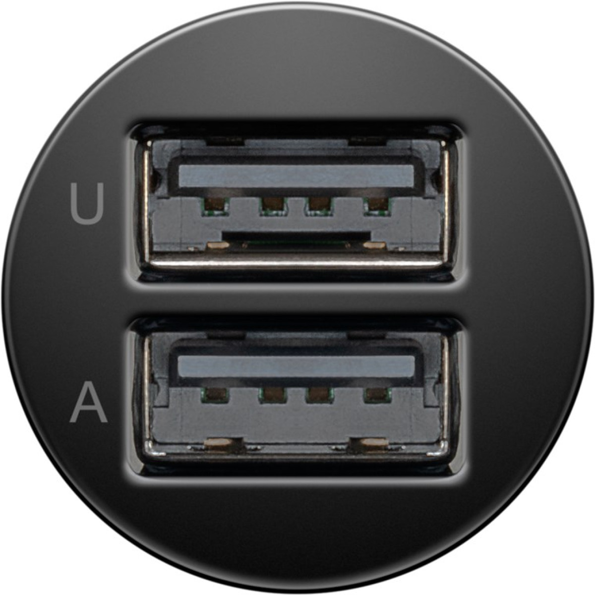 Ein runder schwarzer Adapter mit zwei übereinander angeordneten USB-A-Anschlüssen.