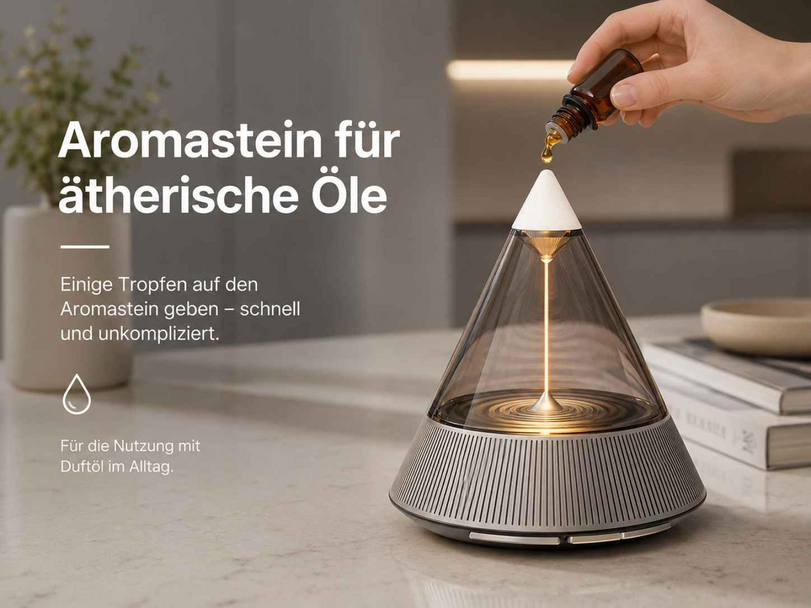 Eine Hand träufelt Duftöl auf einen kegelförmigen Aroma-Diffusor auf einem Holztisch.