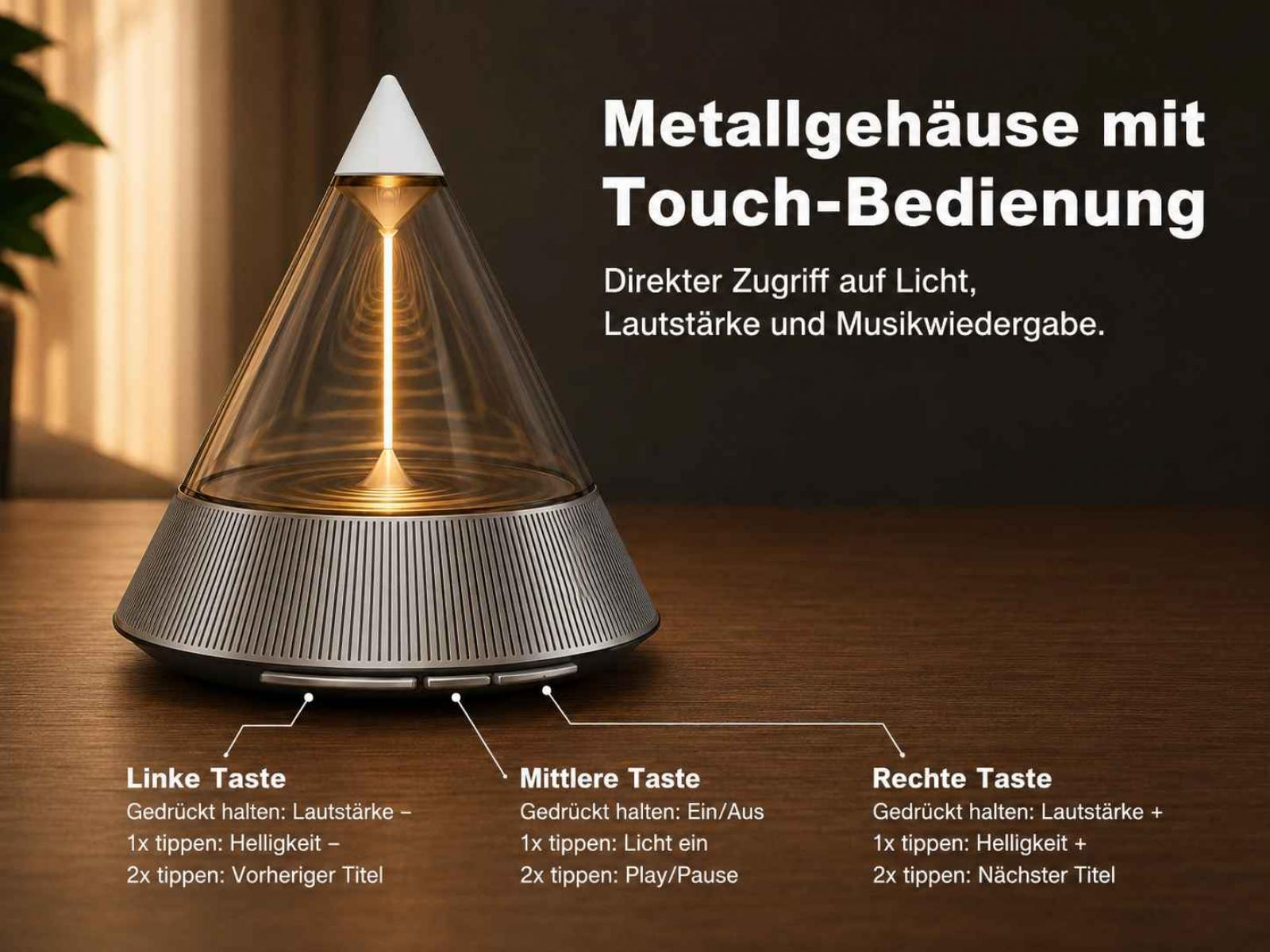Kegelförmige Lampe mit Metallgehäuse, Touch-Bedienung und Erklärungen auf Holzoberfläche.