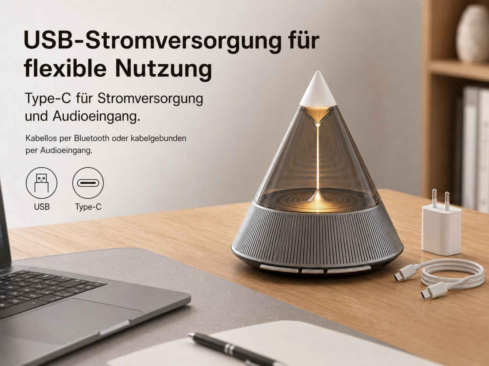 Ein kegelförmiges Gerät mit leuchtendem Licht steht auf einem Holztisch neben Laptop, Ladegerät und Text.