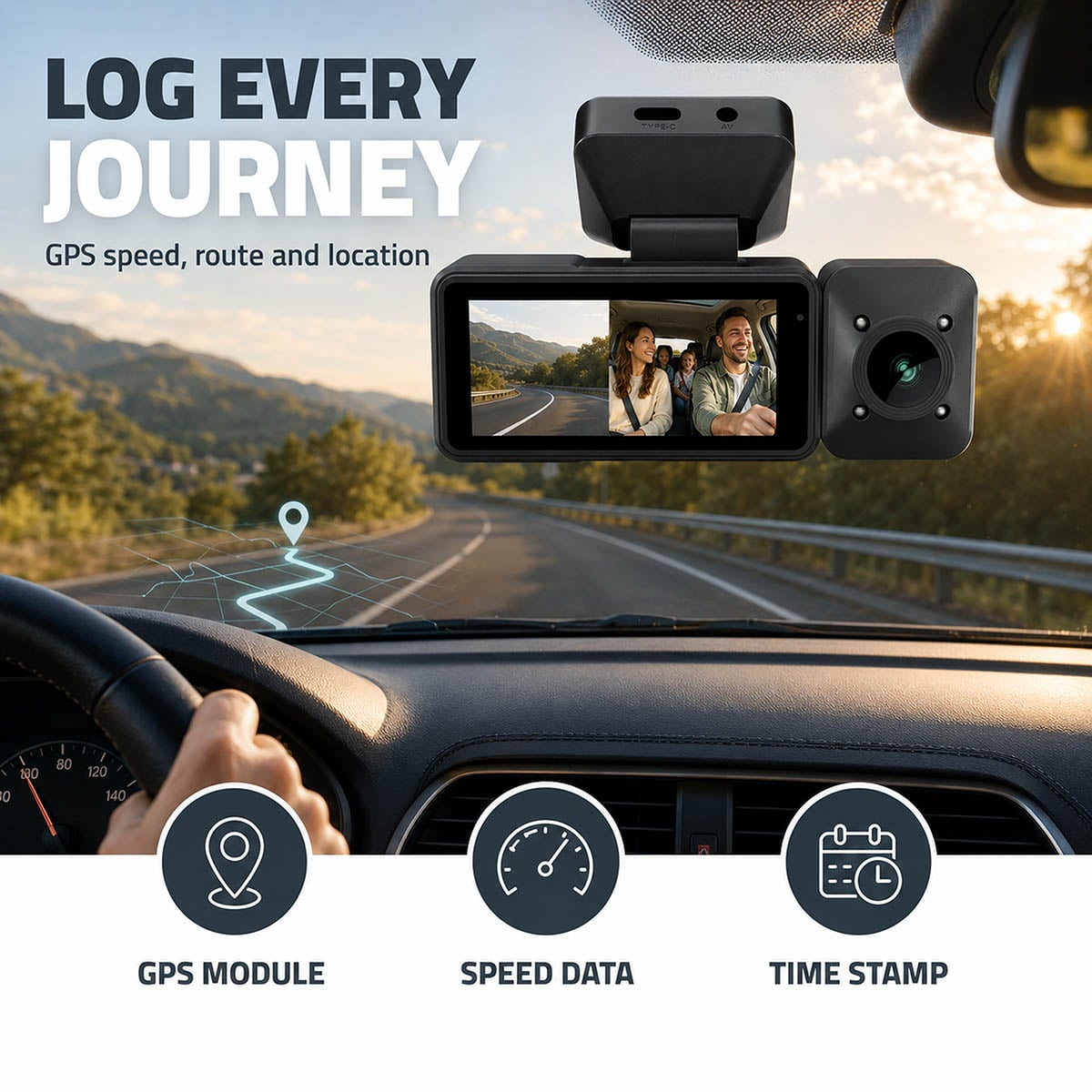 Autokamera an Windschutzscheibe zeigt Fahrbahn und Display mit GPS-Daten und Familie im Auto.