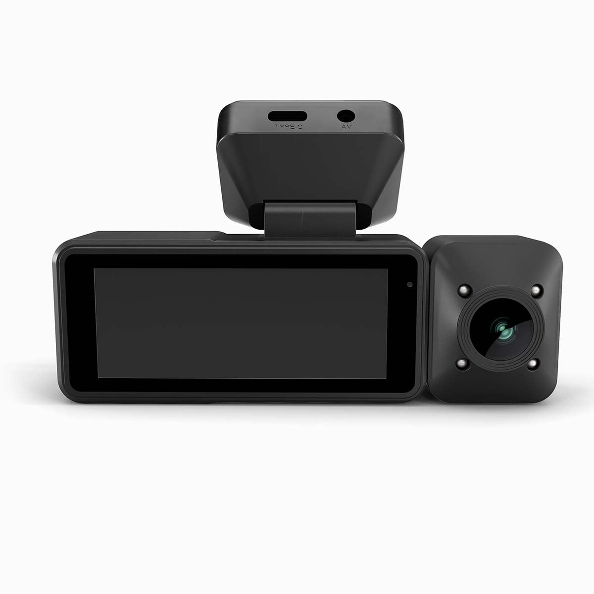 Eine schwarze Dashcam mit Hauptbildschirm, separater Seitenkamera und Magnethalterung auf weißem Hintergrund.