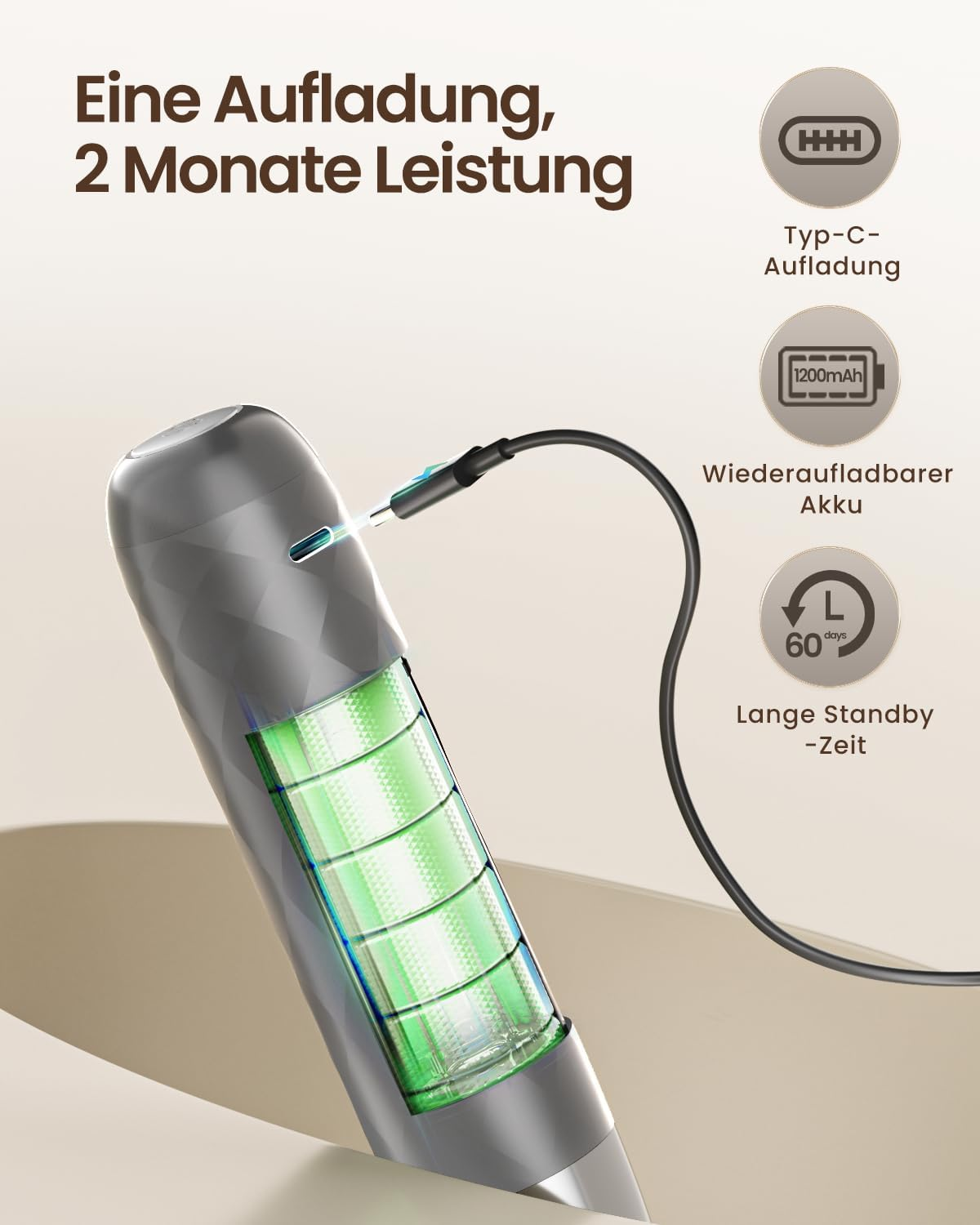 Ein graues Gerät mit USB-C-Kabel und leuchtend grüner Batterieanzeige sowie Symbolen daneben.