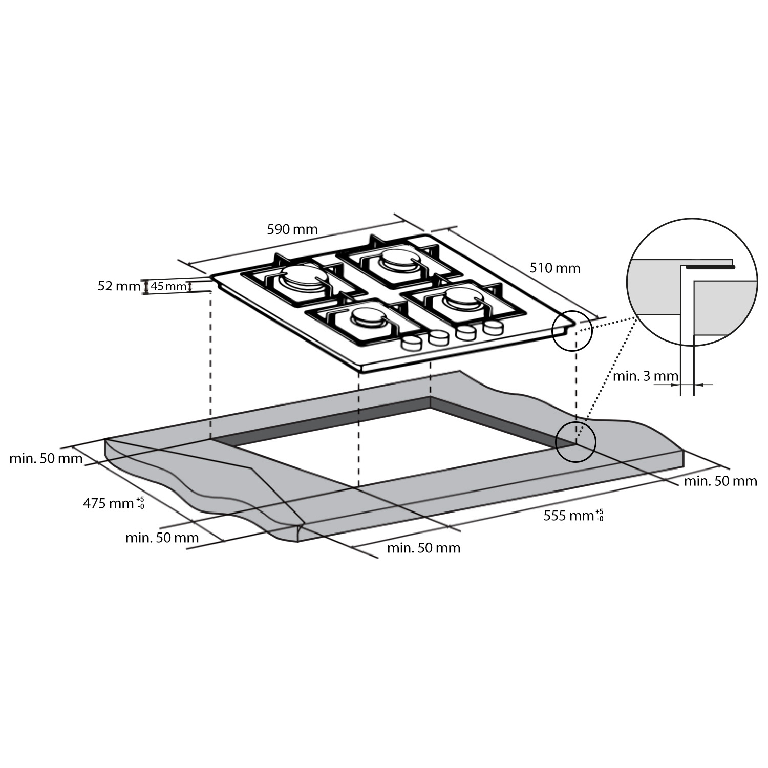 Disegno tecnico di un piano cottura a gas con quote di installazione e dettaglio.