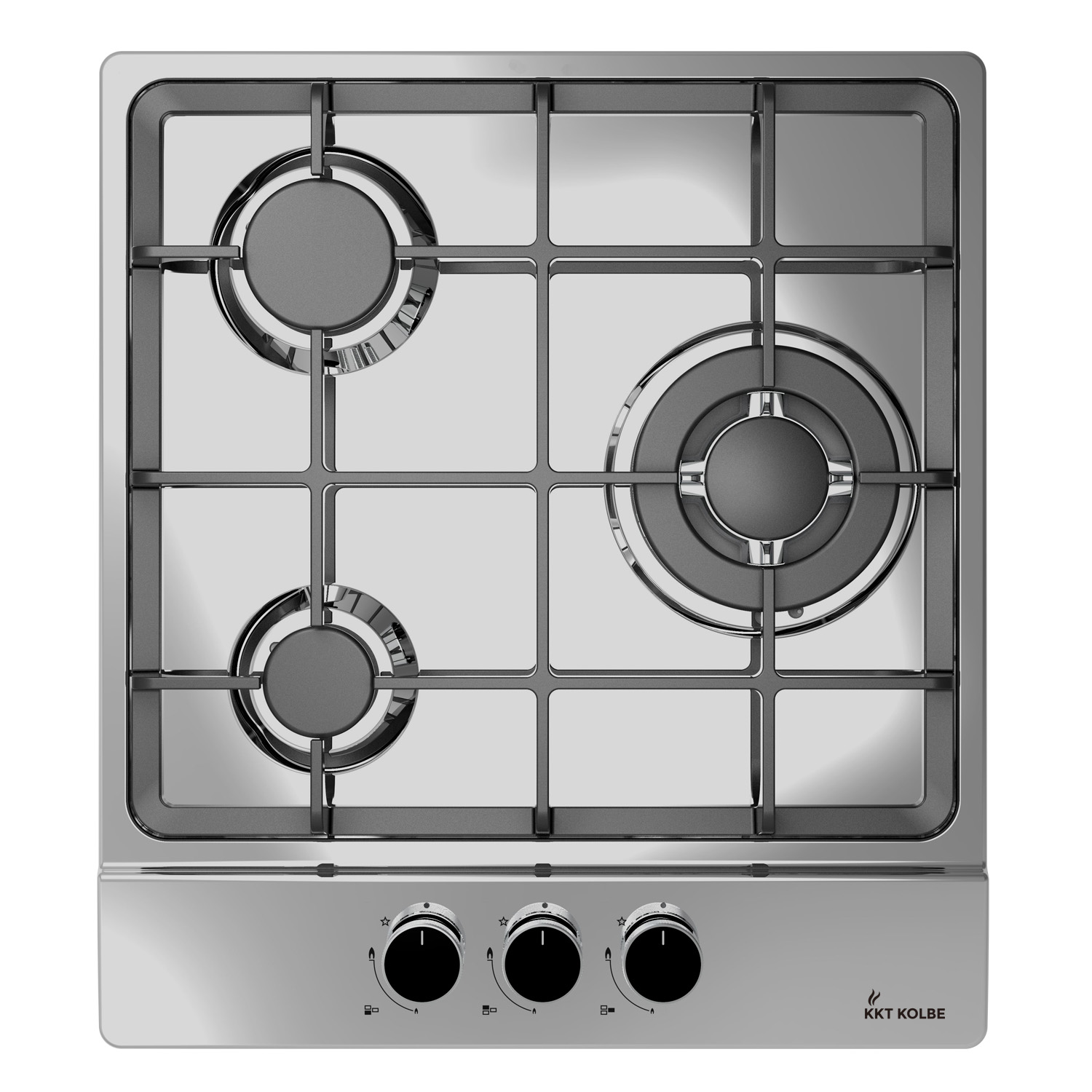 Piano cottura a gas in acciaio inox con tre bruciatori e manopole nere.