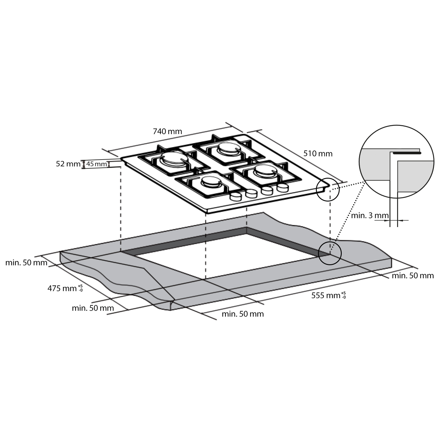 Schema tecnico che mostra le dimensioni di installazione per un piano cottura a gas a quattro fuochi.