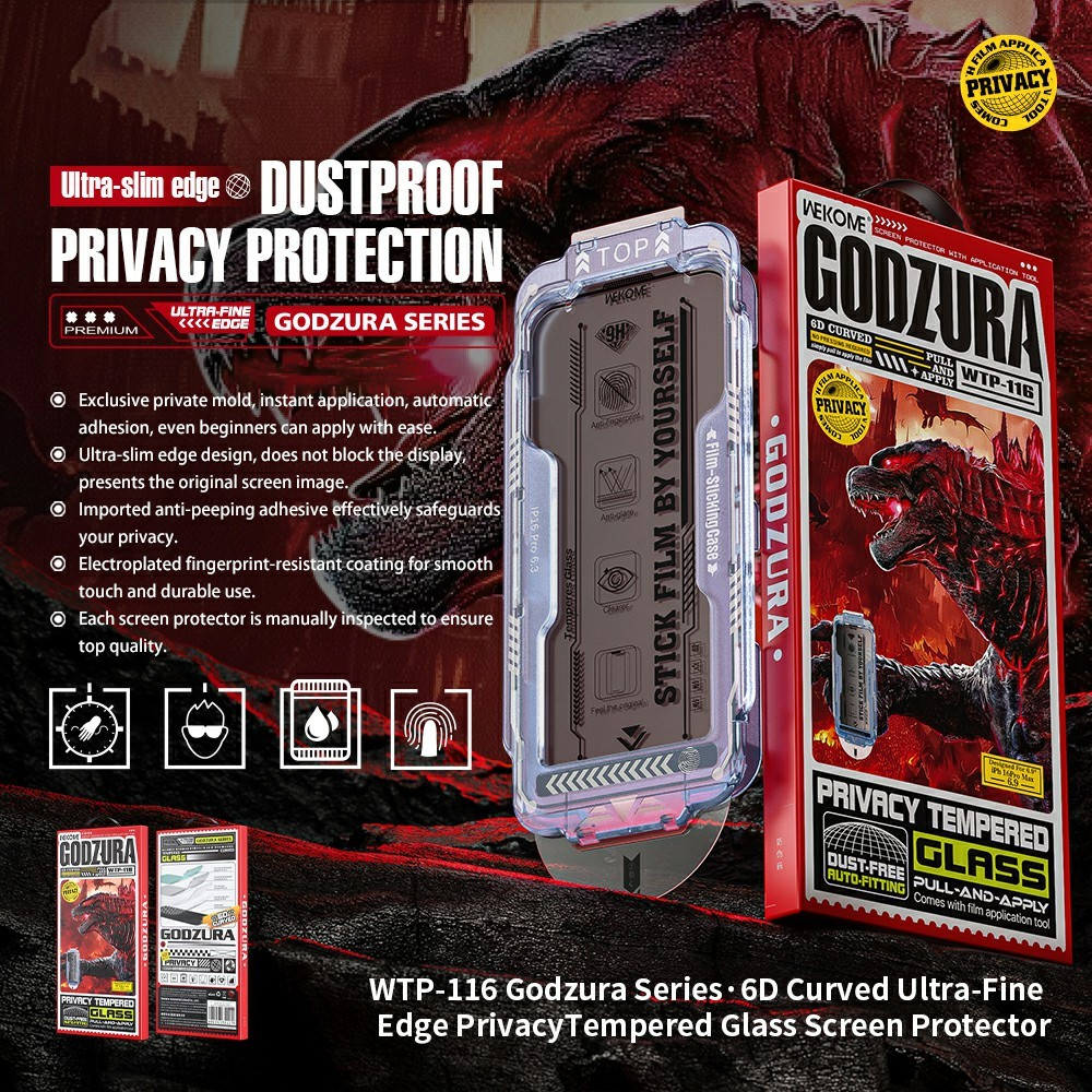 Pubblicità per la protezione schermo in vetro temperato Godzura WTP-116 6D curvo con confezione rossa.