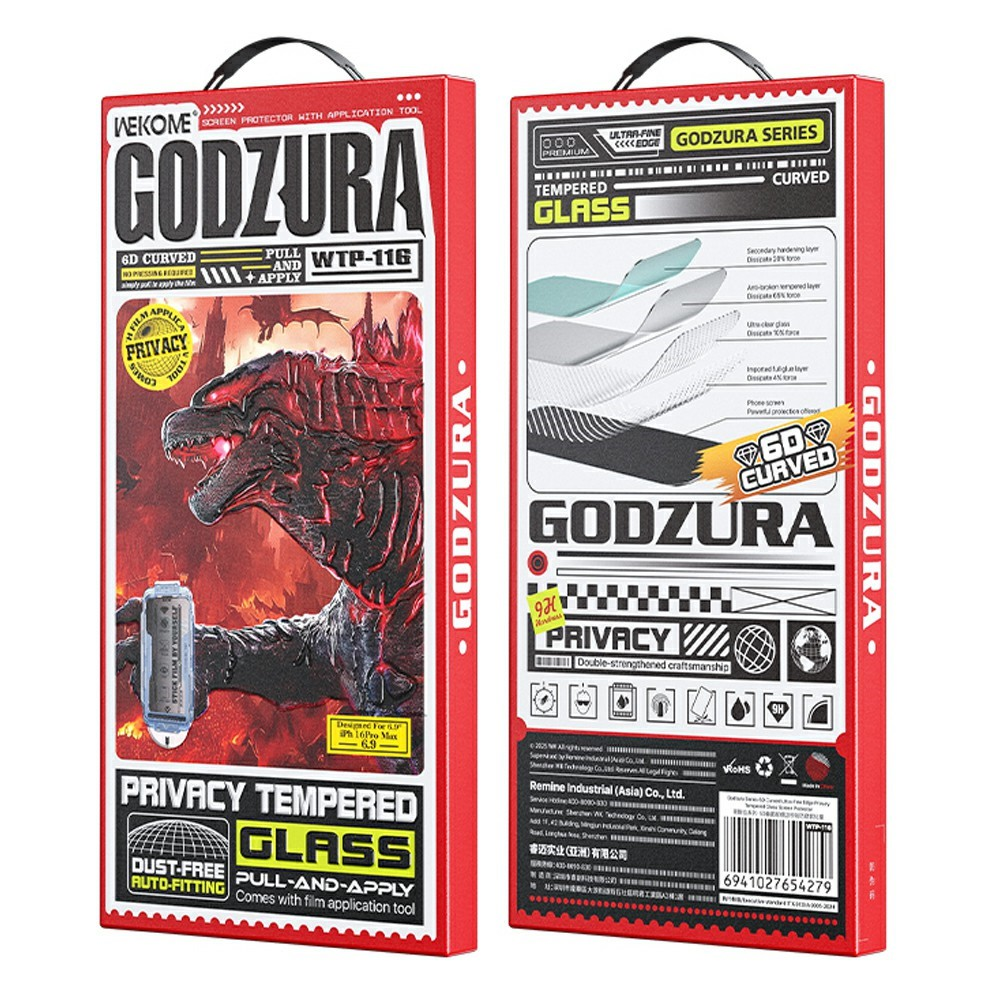 Confezione rossa e bianca per vetro privacy curvo con grafica di Godzilla.