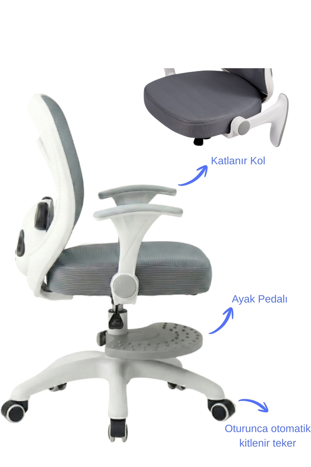 Katlanır kollu, ayak pedal ve otomatik kilitlenen tekerlekli ergonomik beyaz gri çocuk çalışma sandalyesi.