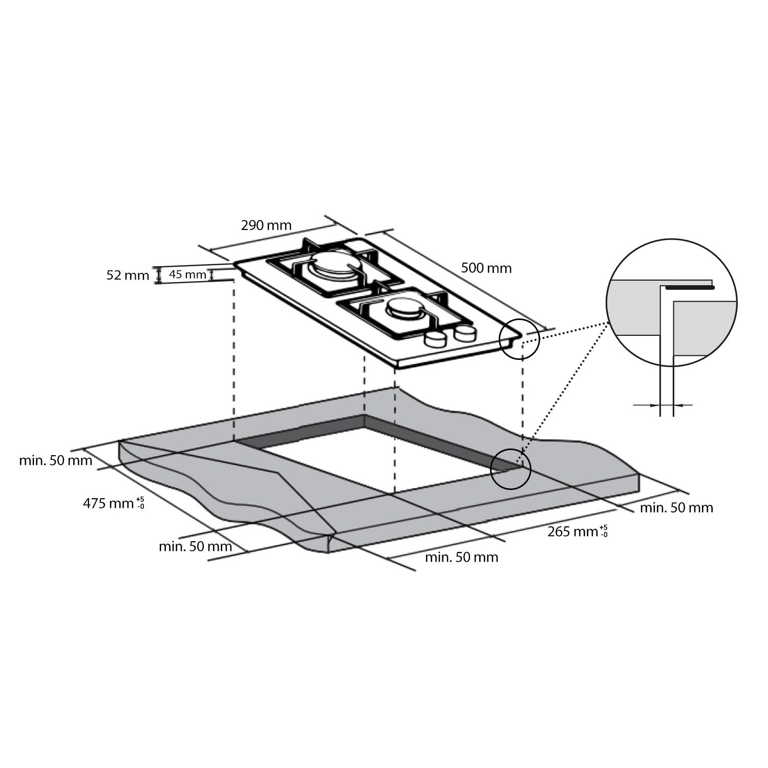 Diagramma tecnico che mostra le dimensioni di installazione per un piano cottura a gas a due fuochi.