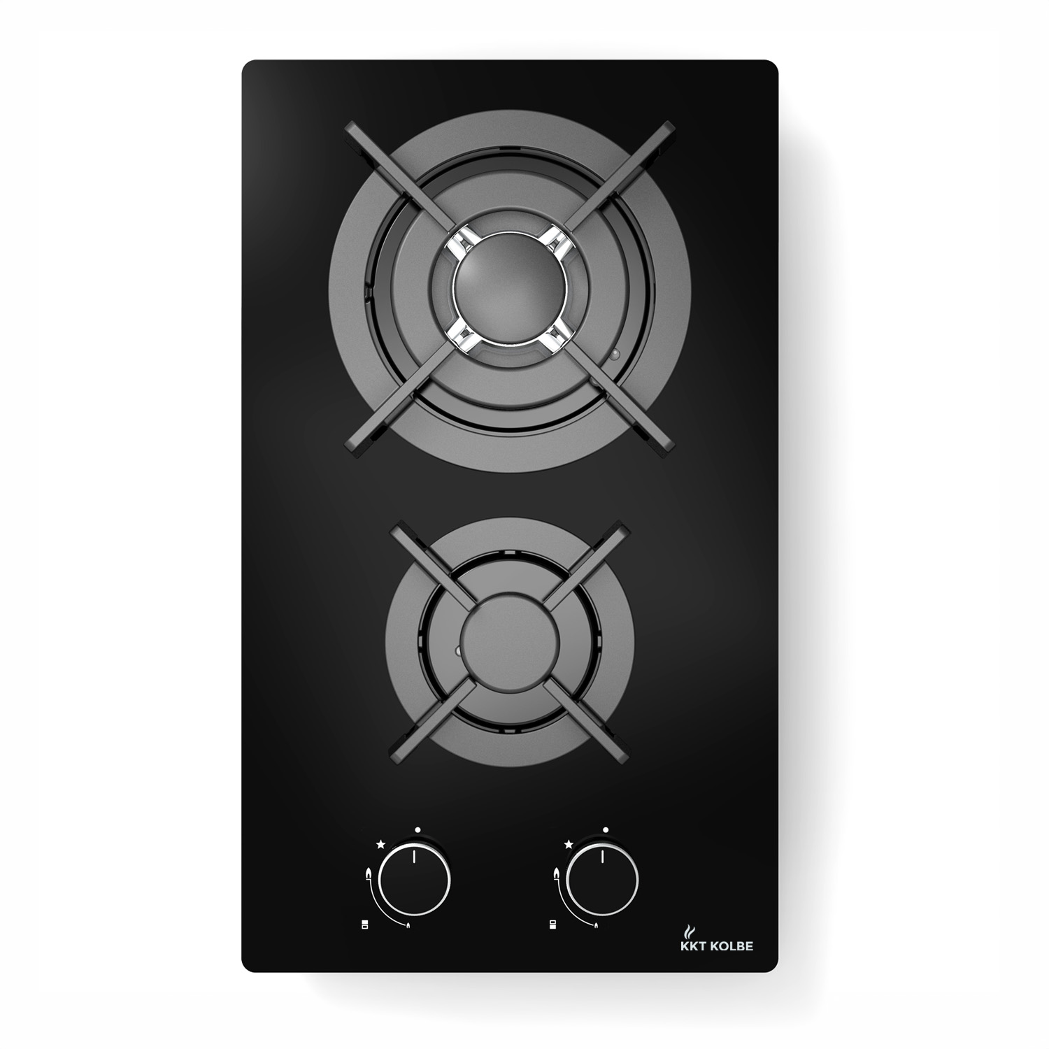Piano cottura a gas nero con due bruciatori, griglie metalliche e due manopole in basso con il logo KKT Kolbe.