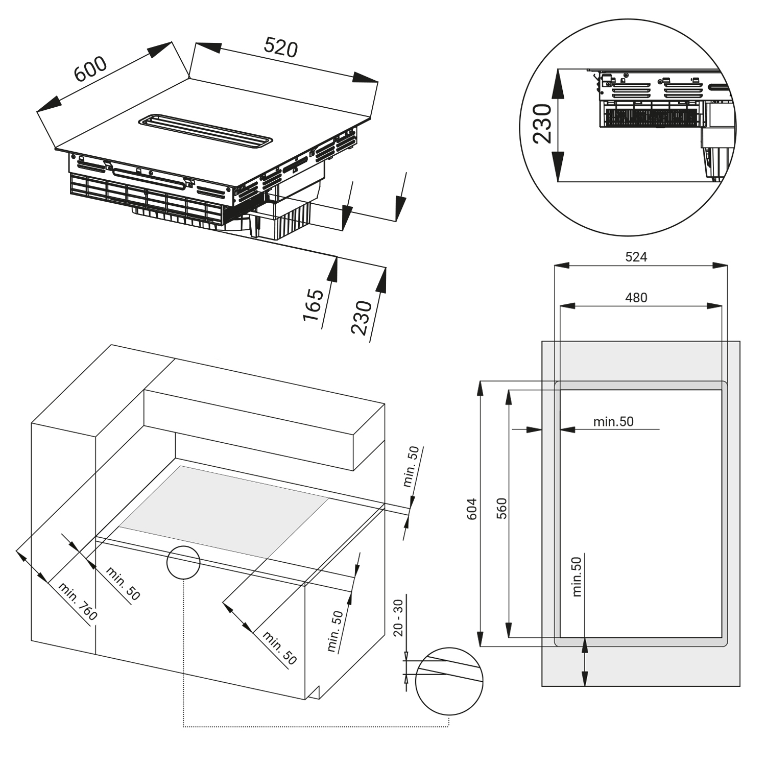 Disegno tecnico di un elettrodomestico da incasso con dimensioni e istruzioni di installazione.