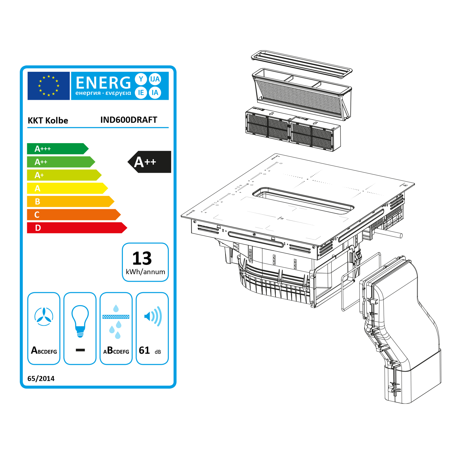 Etichetta energetica A++ per piano cottura a induzione KKT Kolbe IND600DRAFT con cappa.