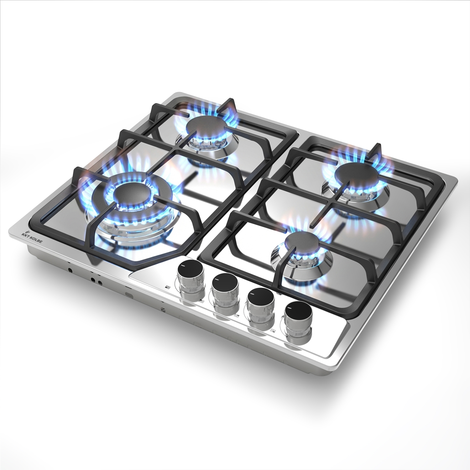 Un piano cottura a gas in acciaio inossidabile con quattro fiamme blu accese e manopole nere.