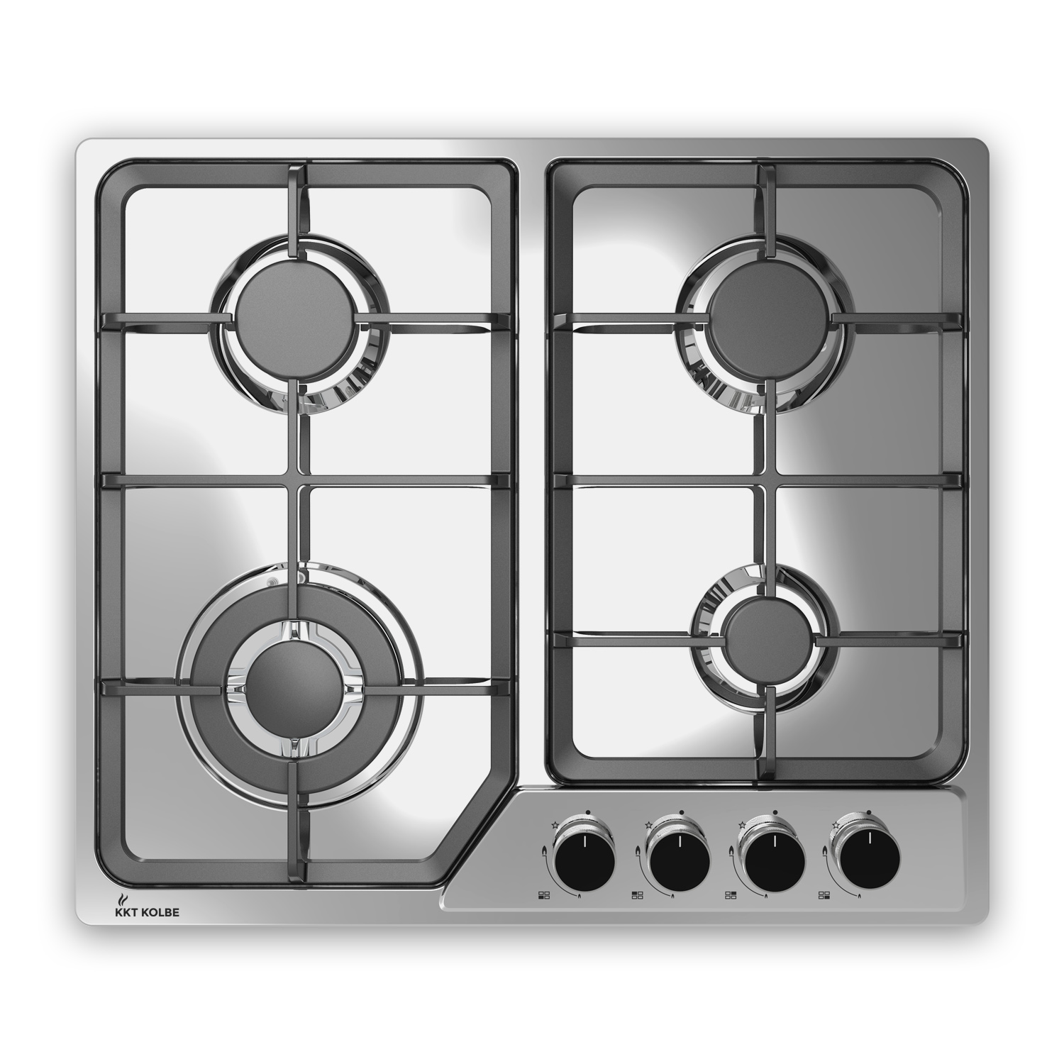 Un piano cottura a gas in acciaio inox con quattro bruciatori e quattro manopole nere in basso a destra su sfondo bianco.