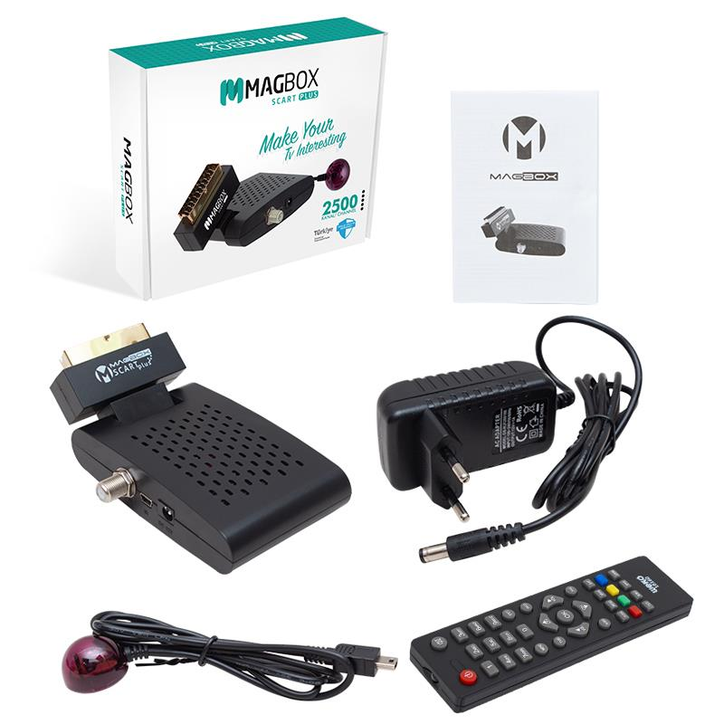 Kutu, kılavuz, uzaktan kumanda, adaptör ve kızılötesi sensörlü Magbox Scart Plus TV alıcısı.