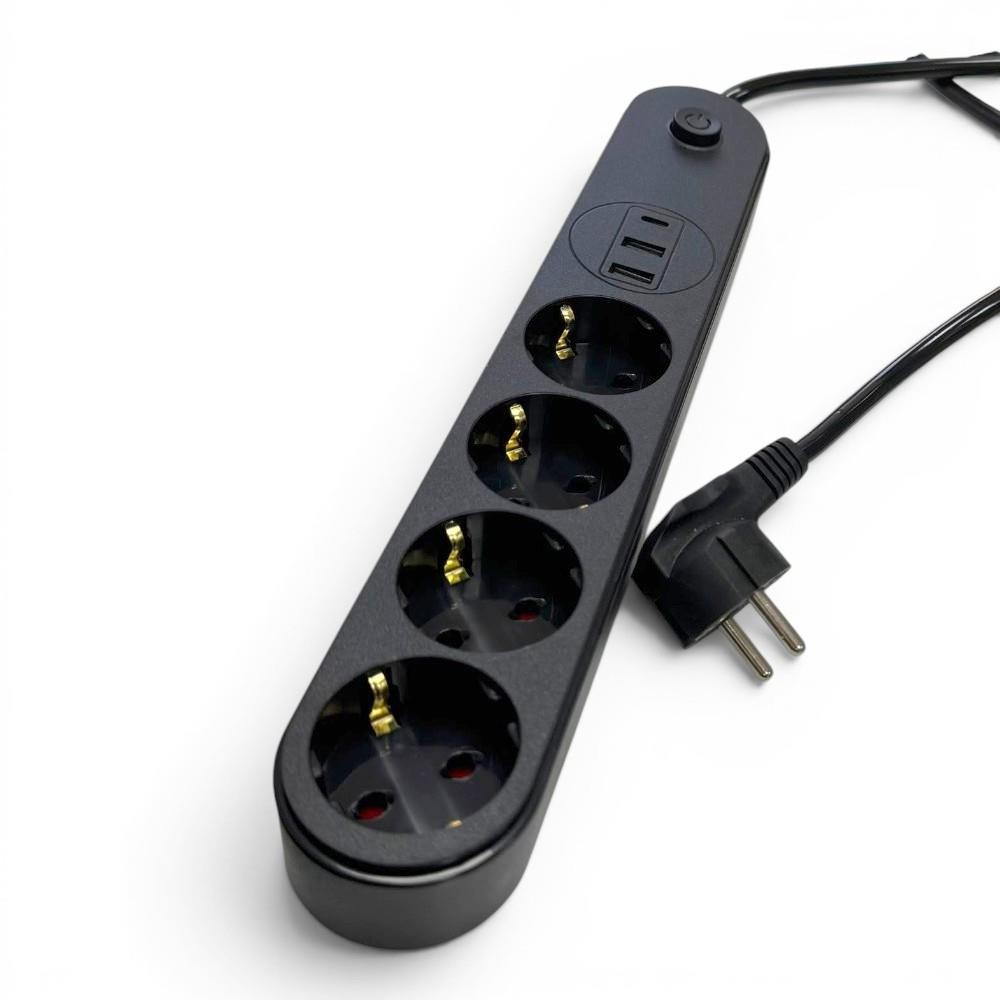 Beyaz arka planda dört priz, üç USB bağlantı noktası ve güç anahtarı olan siyah uzatma kablosu.