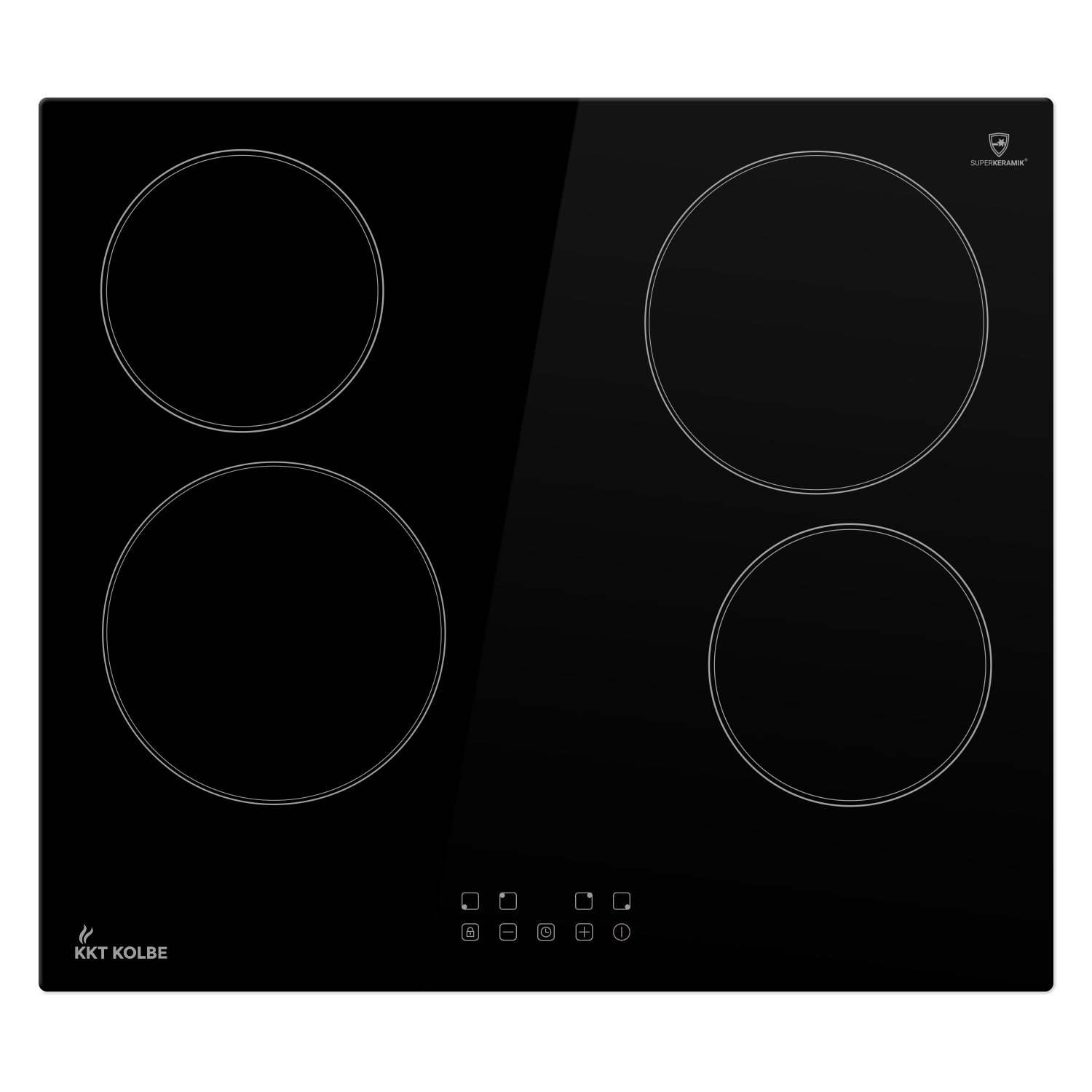 Piano cottura in vetroceramica nero con quattro zone di cottura rotonde e pannello touch in basso.