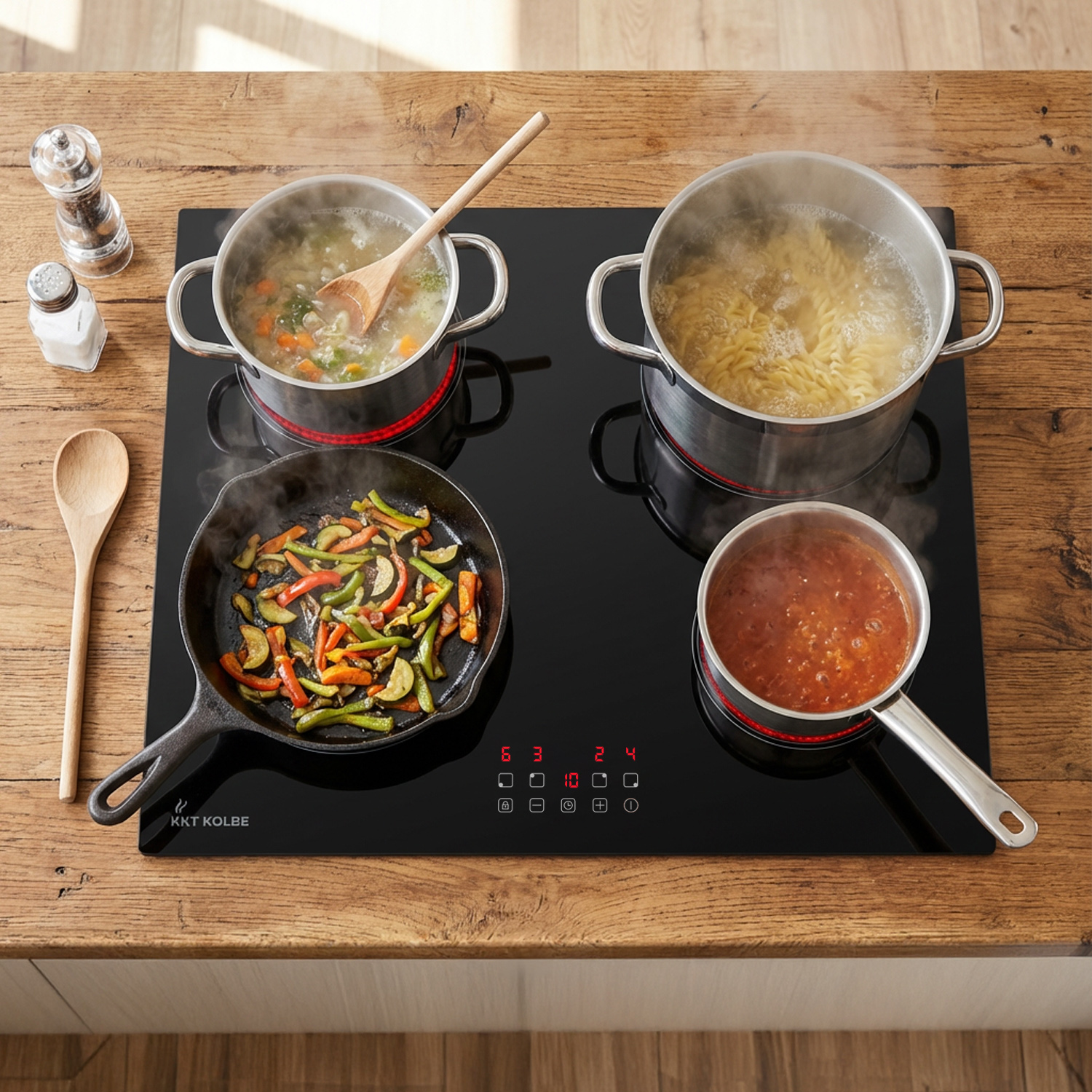 Piano cottura a induzione nero con pentole, pasta bollente, padella di verdure e salsa su legno.