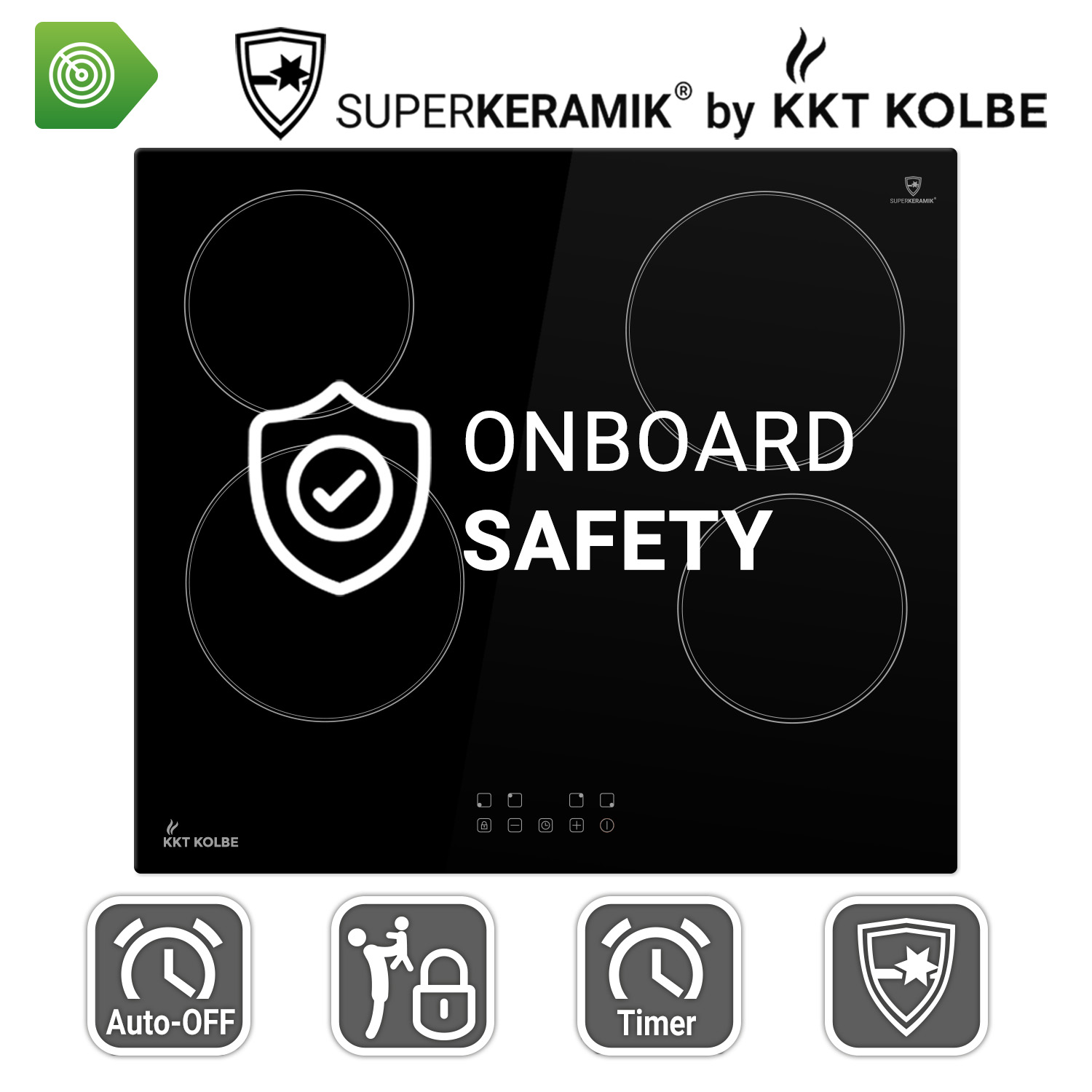 Piano cottura in vetroceramica nero KKT Kolbe con quattro zone, comandi touch, logo di sicurezza e quattro icone.