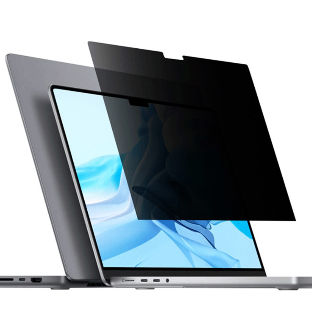 Un computer portatile con corpo argento e un filtro per la privacy oscurato sollevato leggermente.
