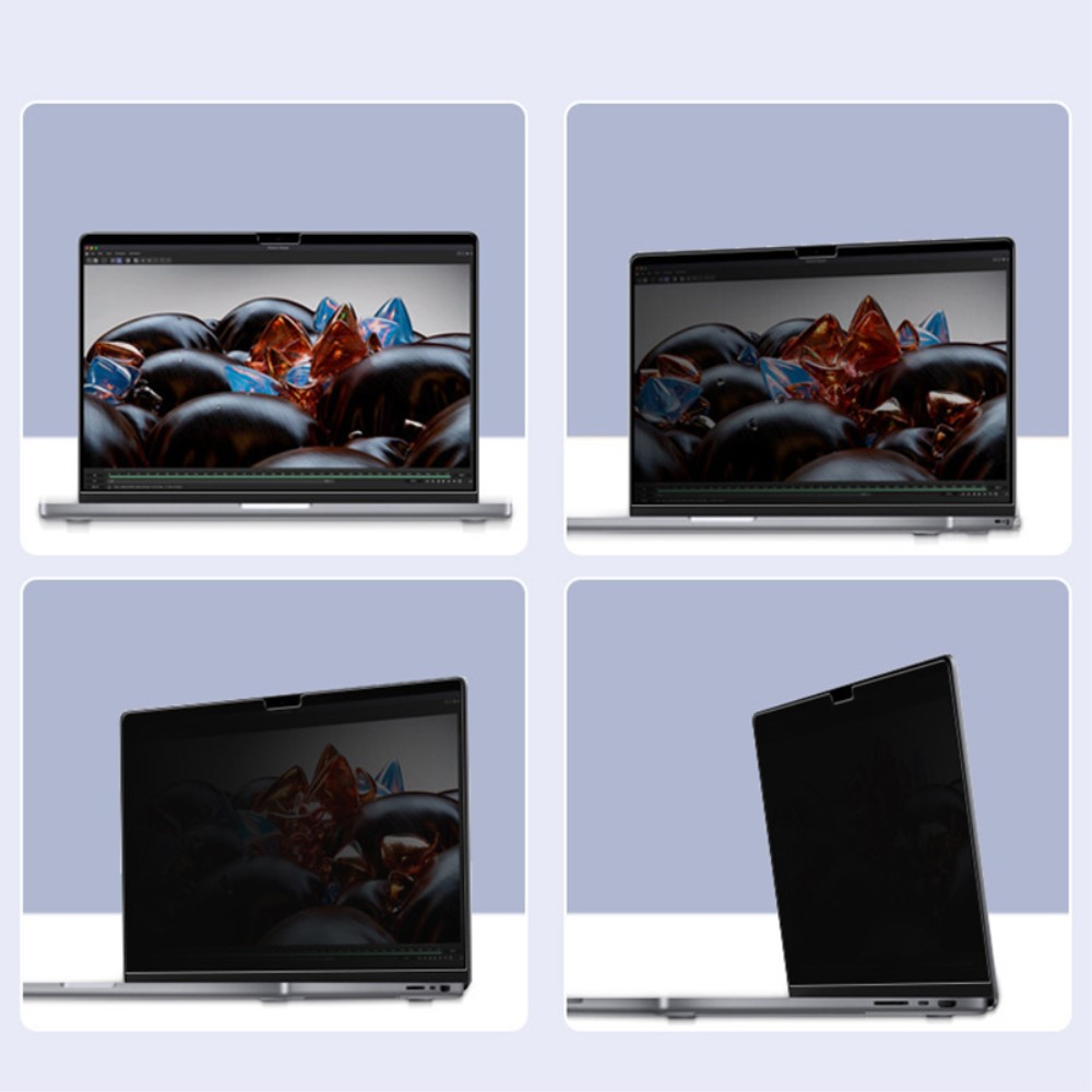 Quattro viste di un laptop che mostrano il progressivo oscuramento dello schermo da varie angolazioni.