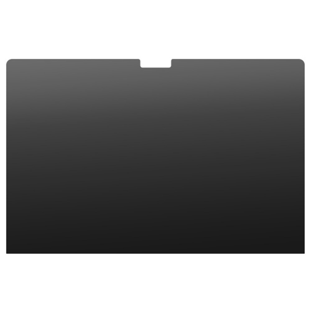 Un filtro privacy grigio per laptop con una piccola linguetta in alto.