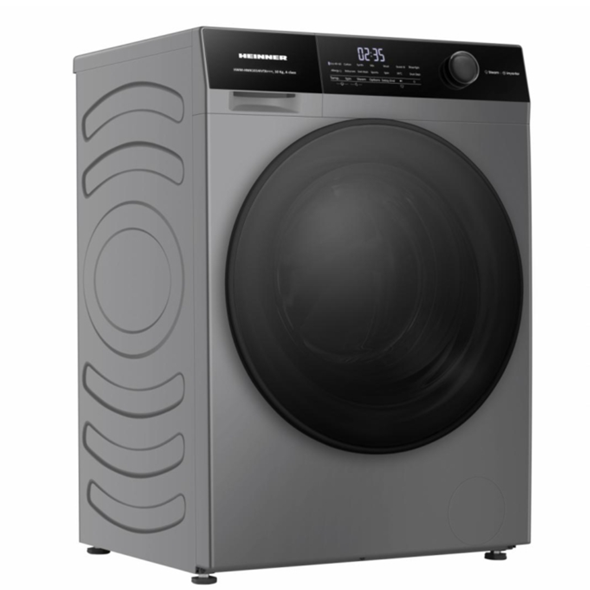 Un lave-linge gris moderne Heinner avec un panneau de commande noir et une porte en verre ronde.